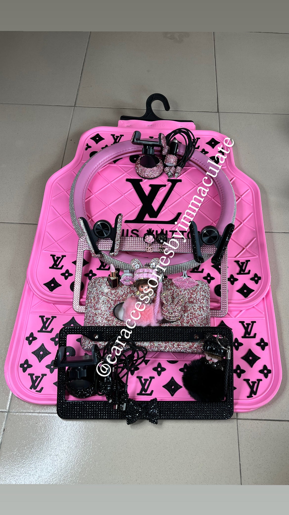 LV (pink Barbie & black)X rhinestone and bedazzle double car accessories bundle