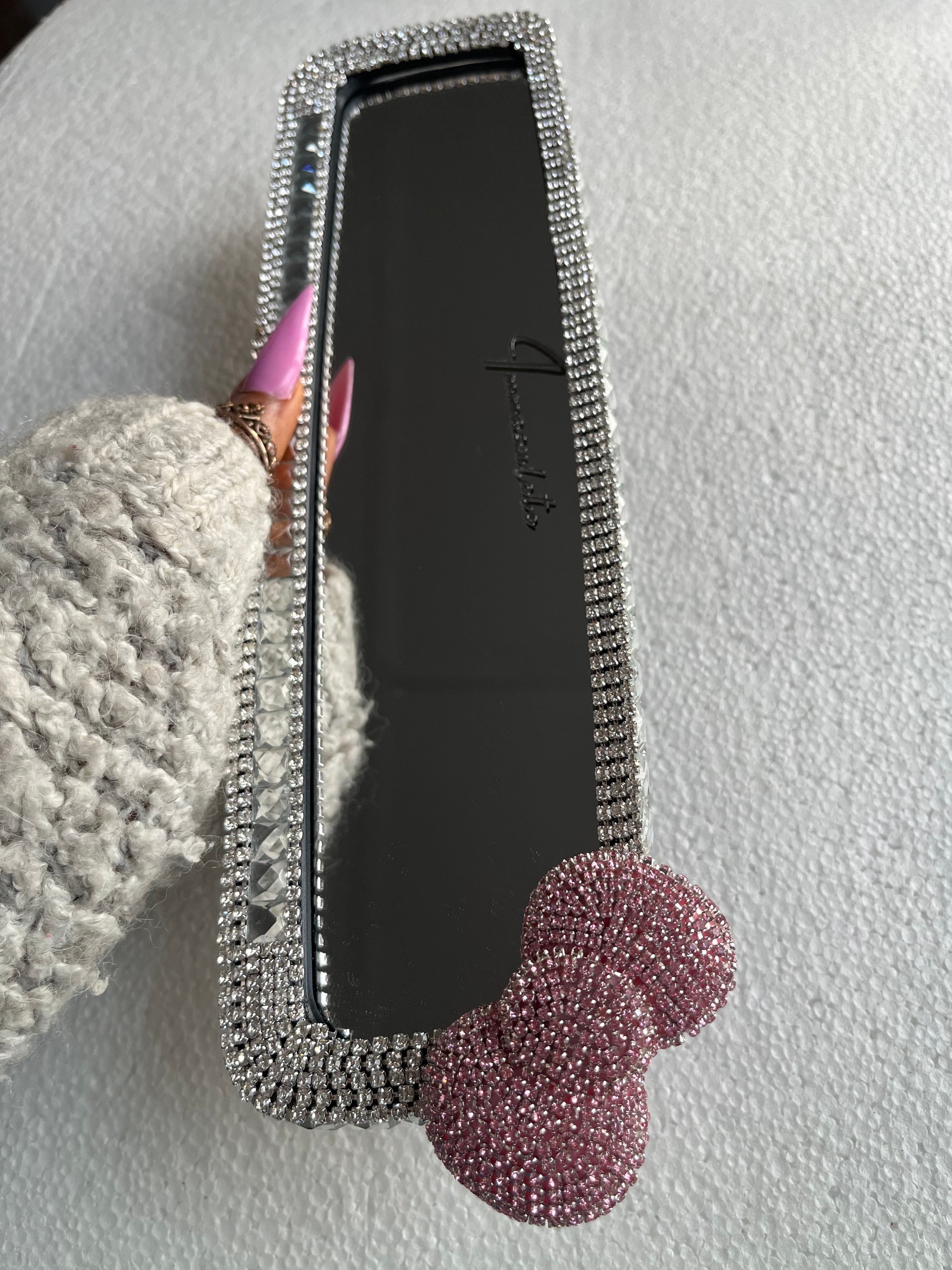 Crystal (clear & single pink bow) Diamond encrusted car rear view mirror cover decor