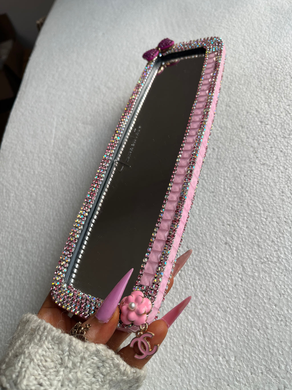 CC (tiny sweet bow) Pink Diamond encrusted car rear view mirror cover
