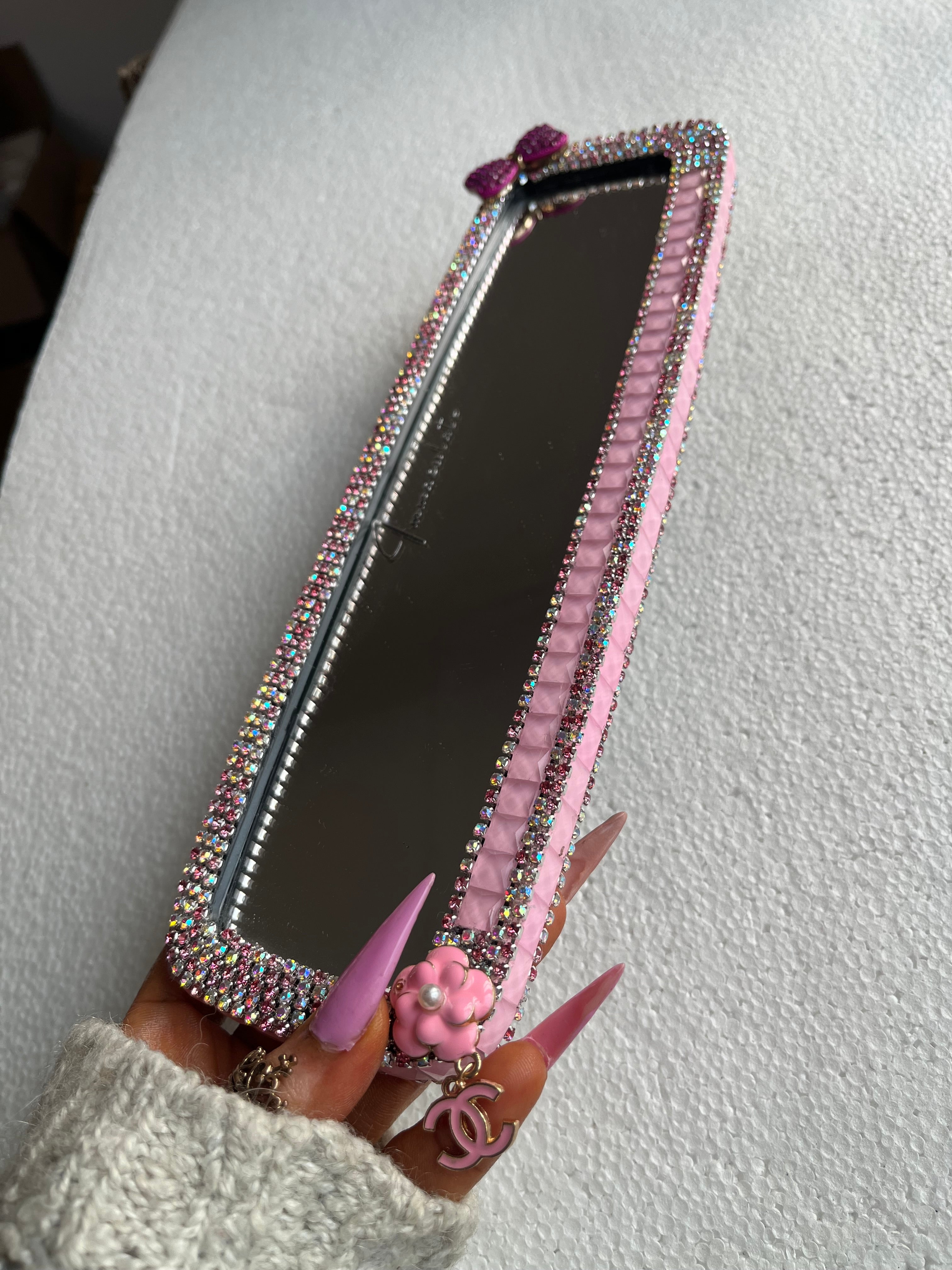 CC (tiny sweet bow) Pink Diamond encrusted car rear view mirror cover