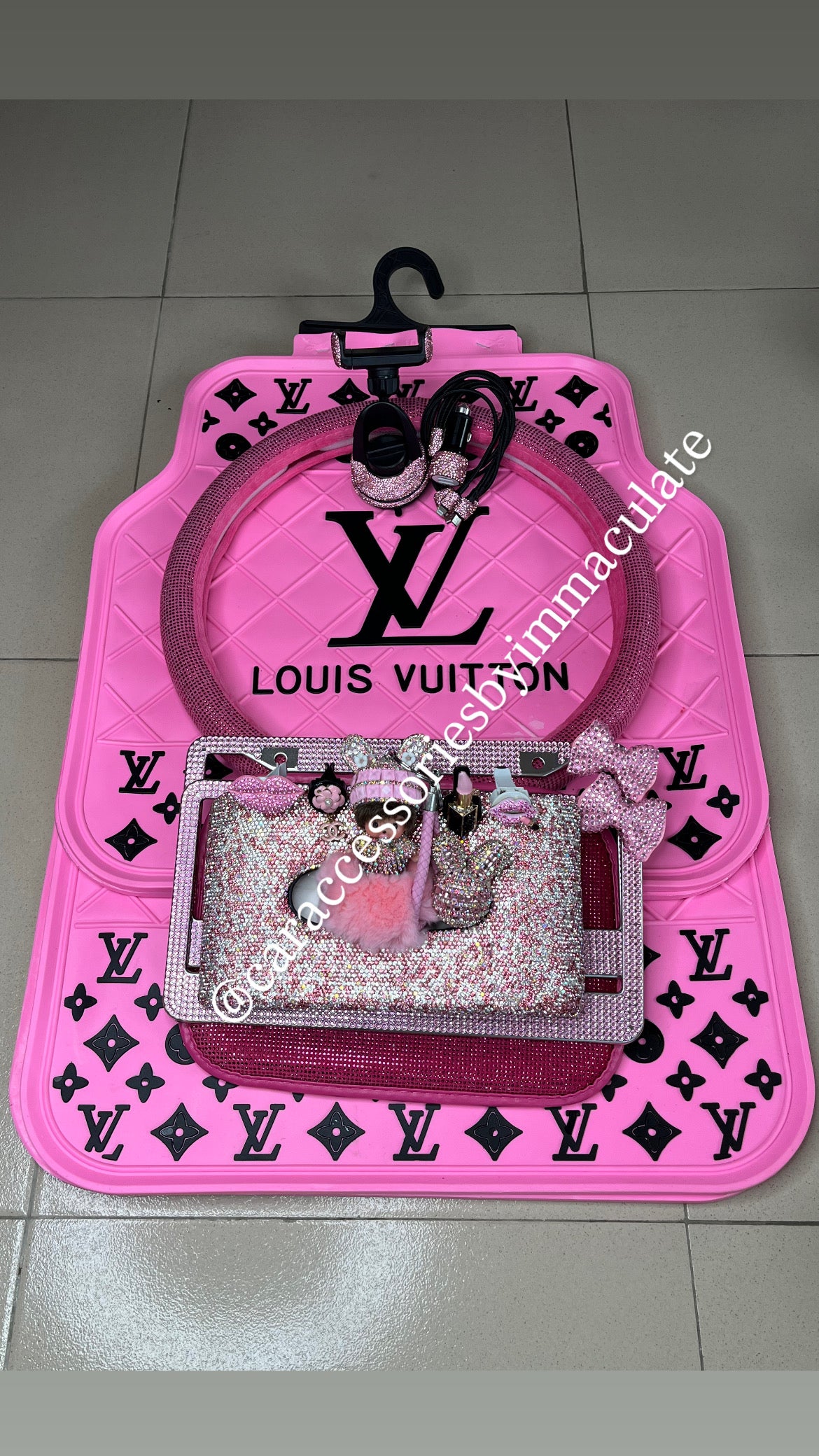 LV (Pink Barbie) car mats(5pcs)plus Rhinestone steering cover X bedazzle car accessories bundle