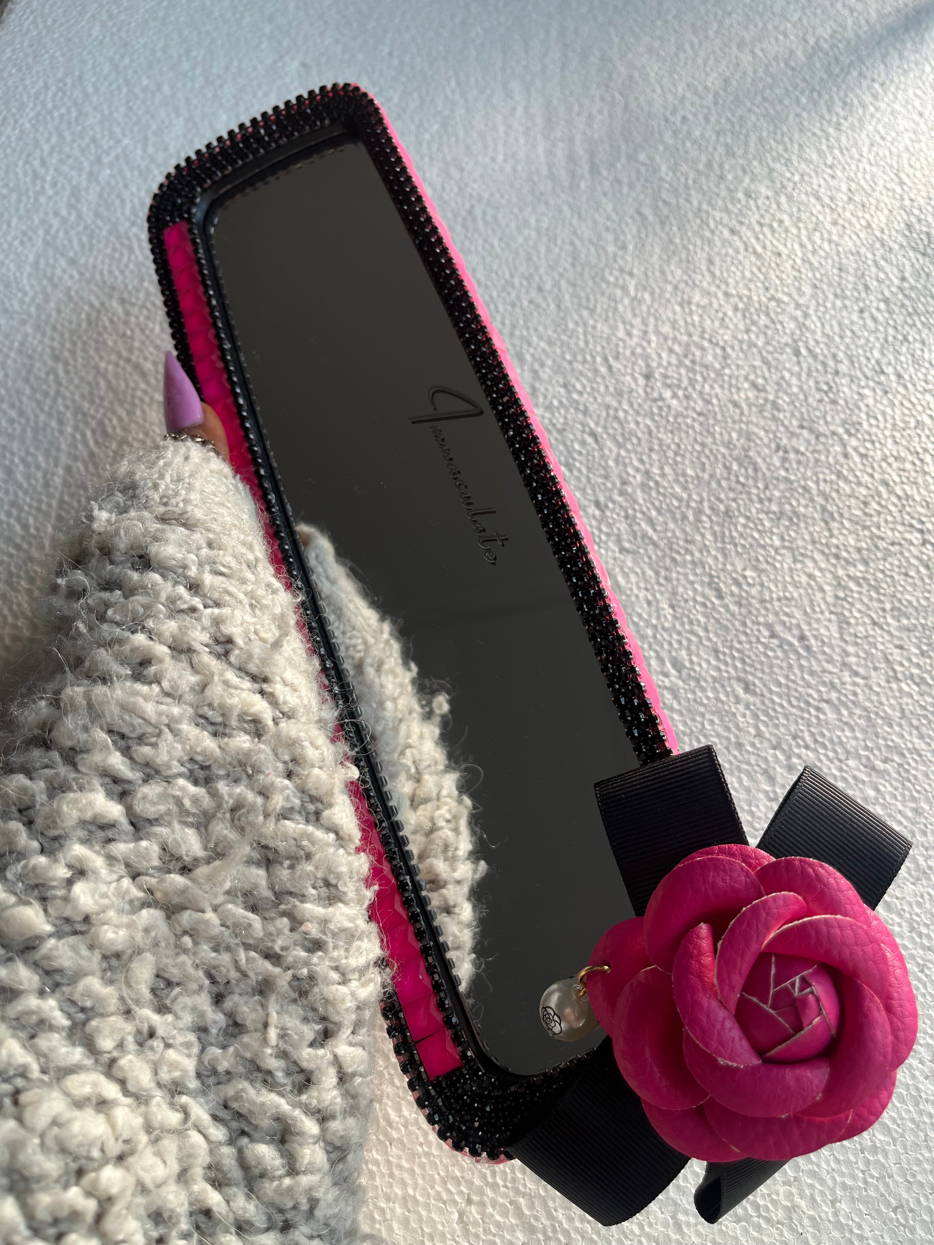 Rose Pink & Black diamond encrusted car rear view mirror cover