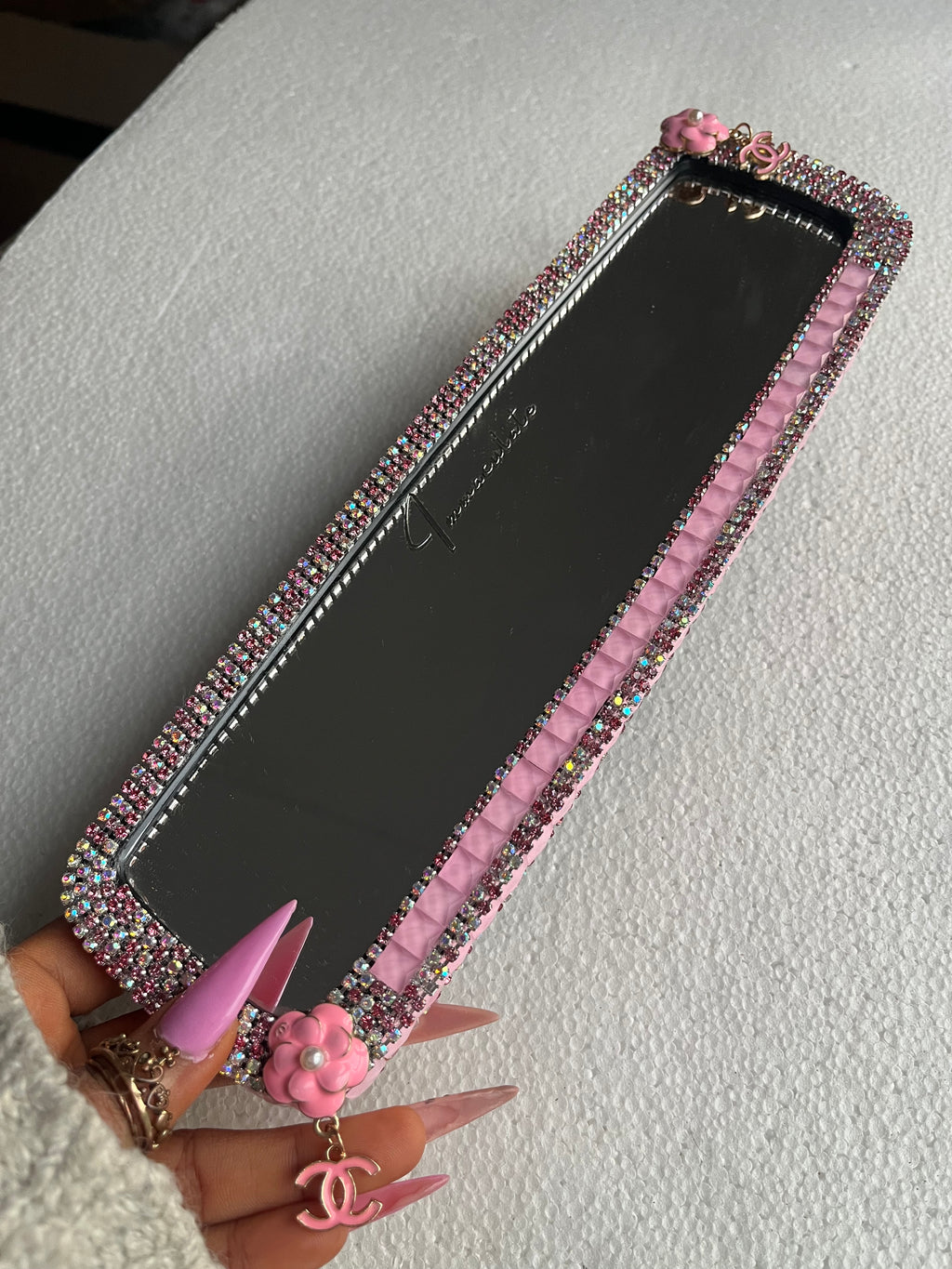 Cc (double)pink diamond encrusted car rear view mirror cover decor