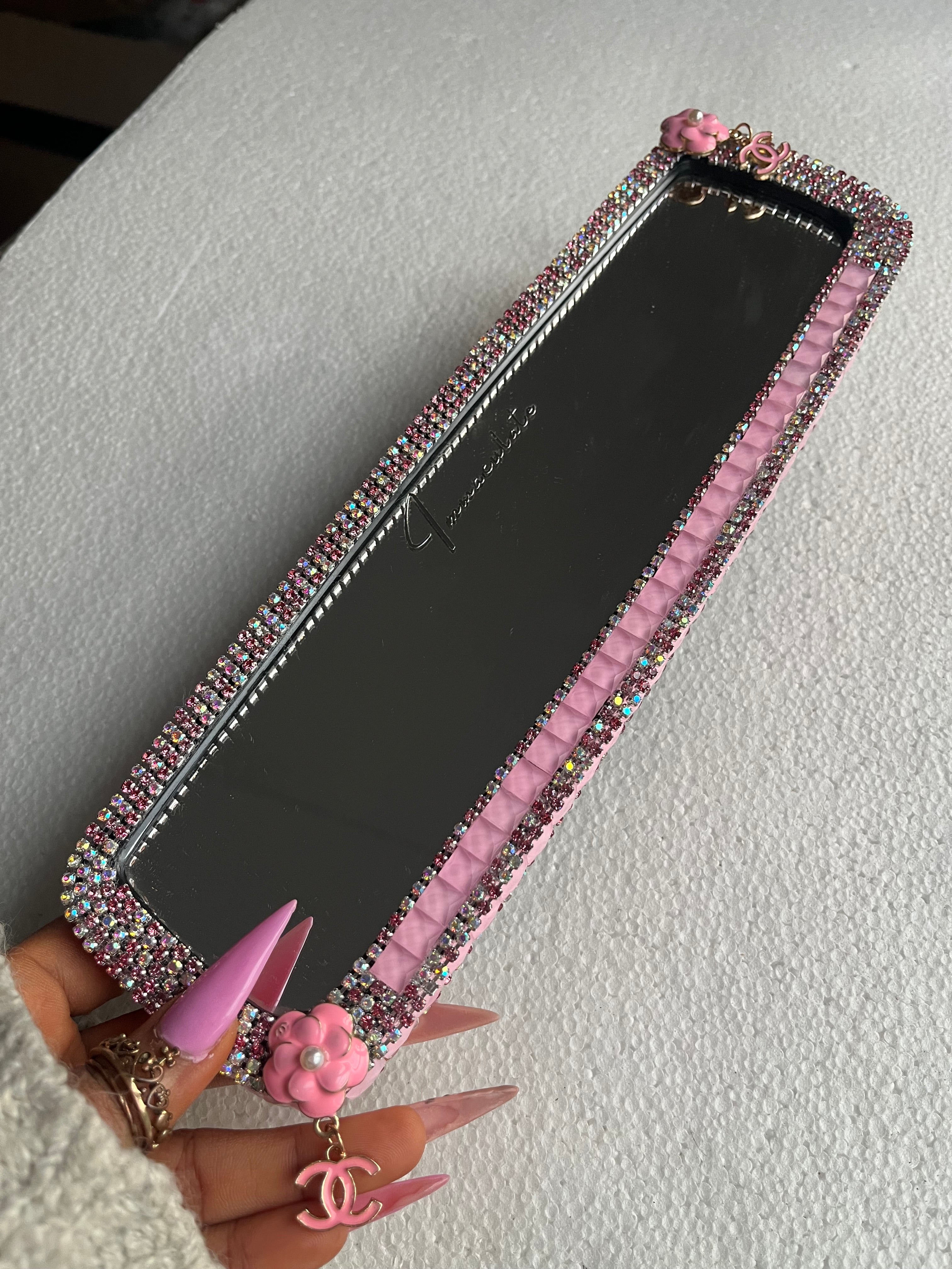 Cc (double)pink diamond encrusted car rear view mirror cover decor