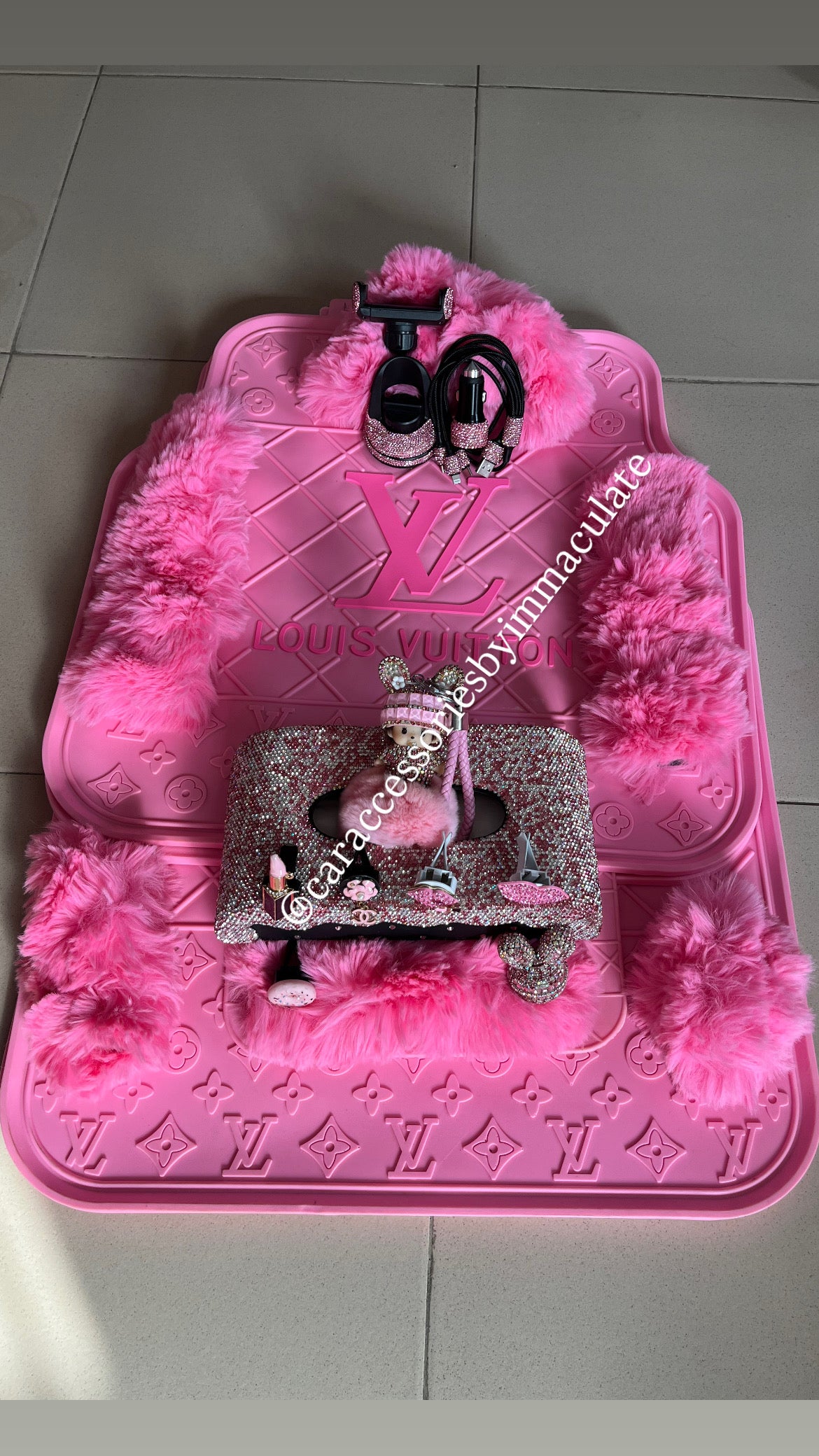 LV FUR (Pink Barbie) car mats(5pcs) X bedazzle car accessories bundle