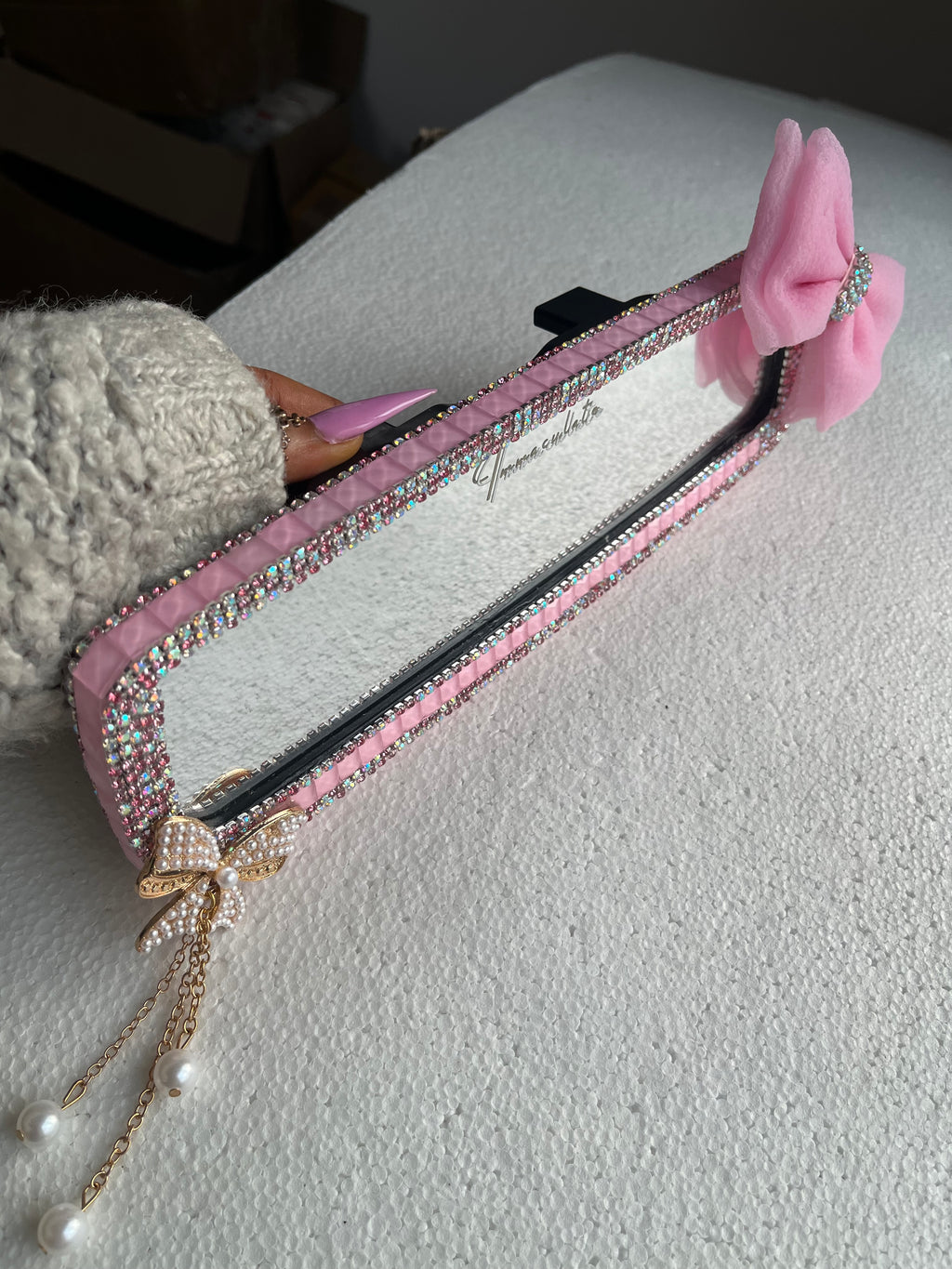 Ribbon 🎀 (Pink) Diamond encrusted car rear view mirror cover decor