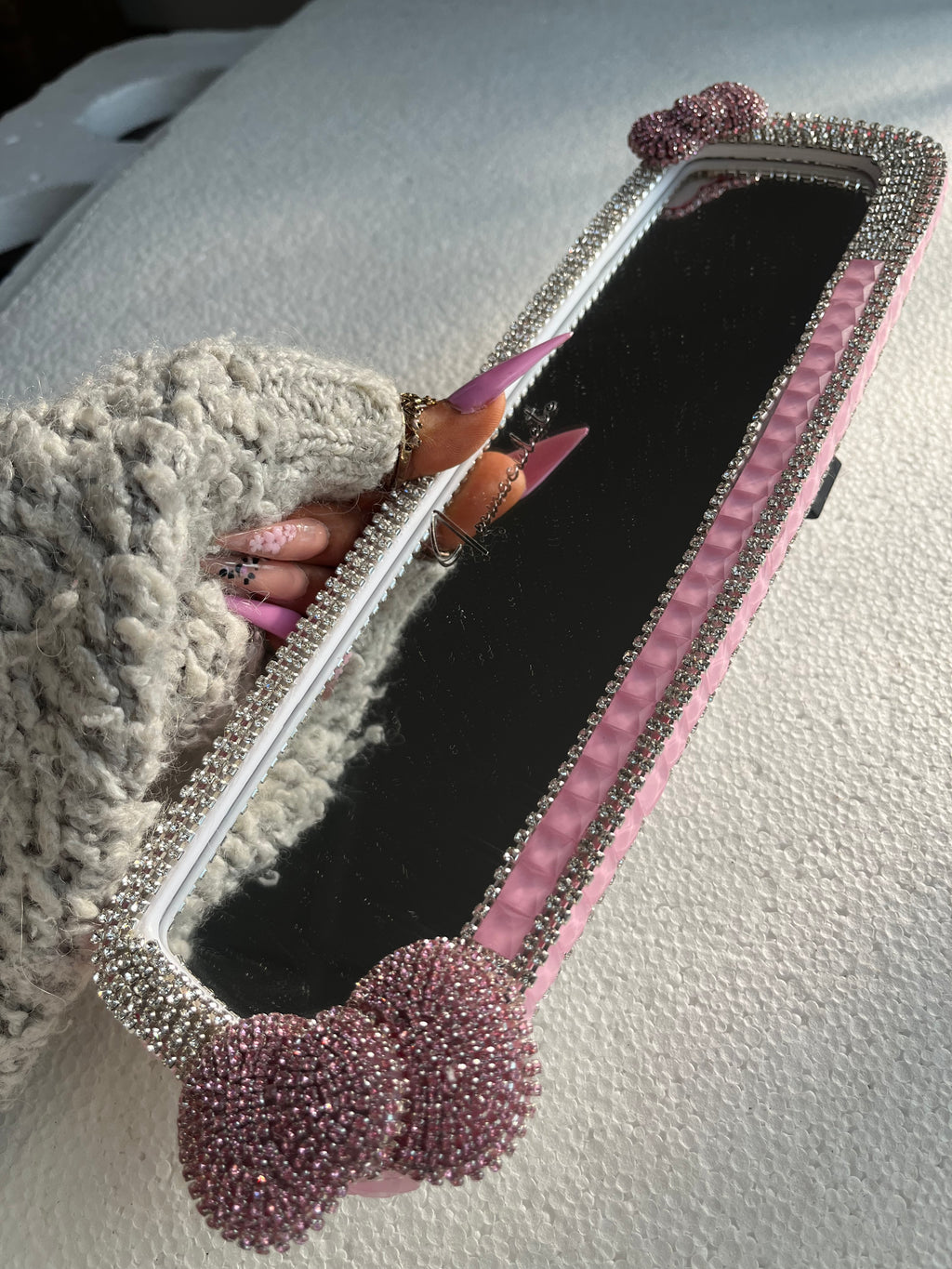 Bow (double) baby pink car rear view mirror cover decor