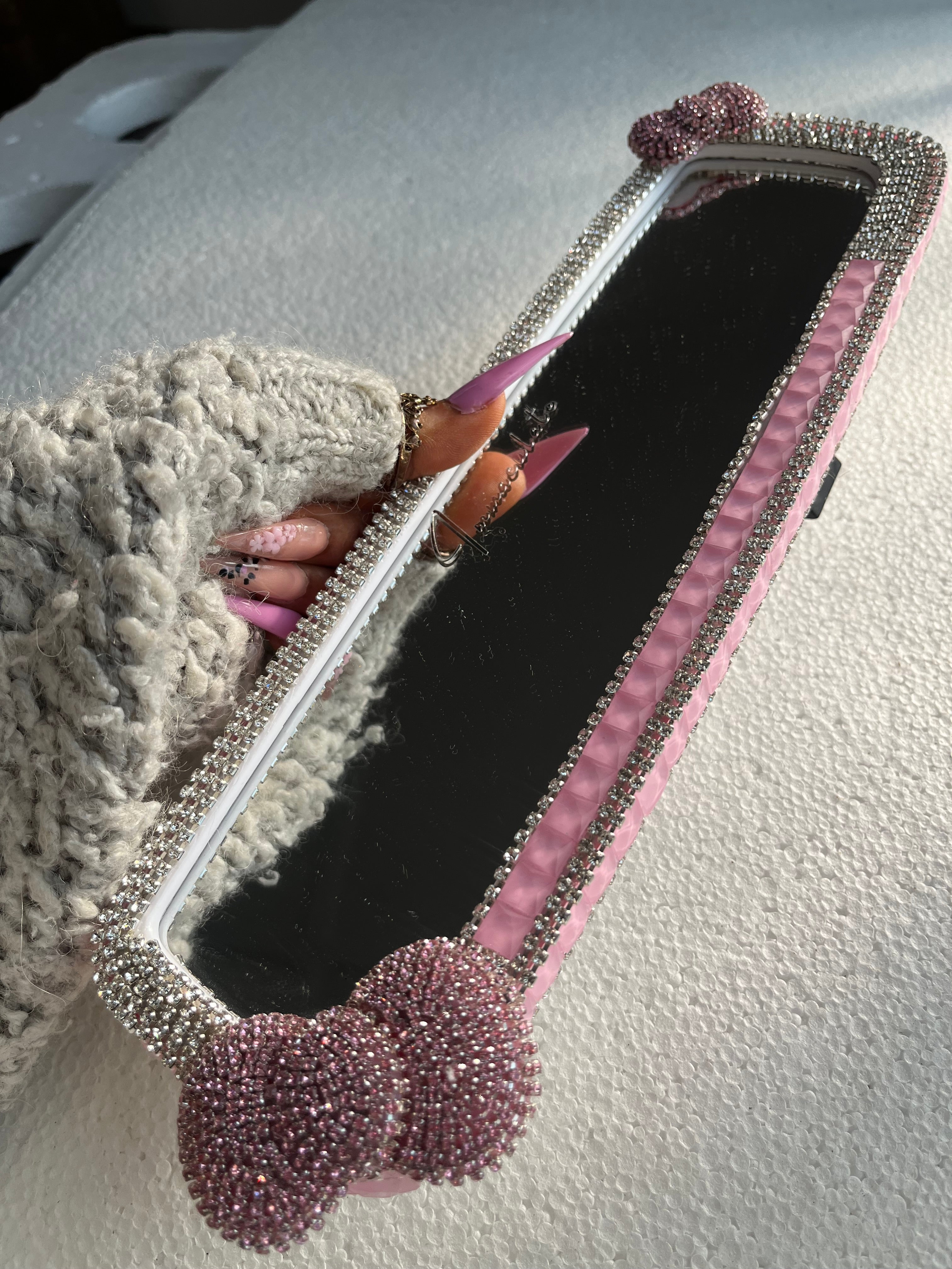 Bow (double) baby pink car rear view mirror cover decor