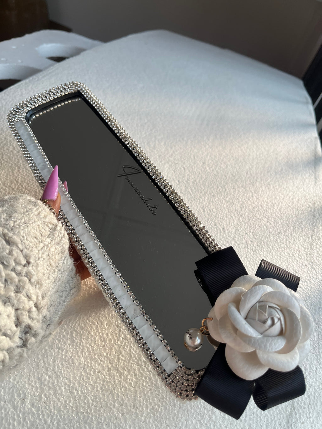 Rose (Snow White) diamond encrusted car rear view mirror cover