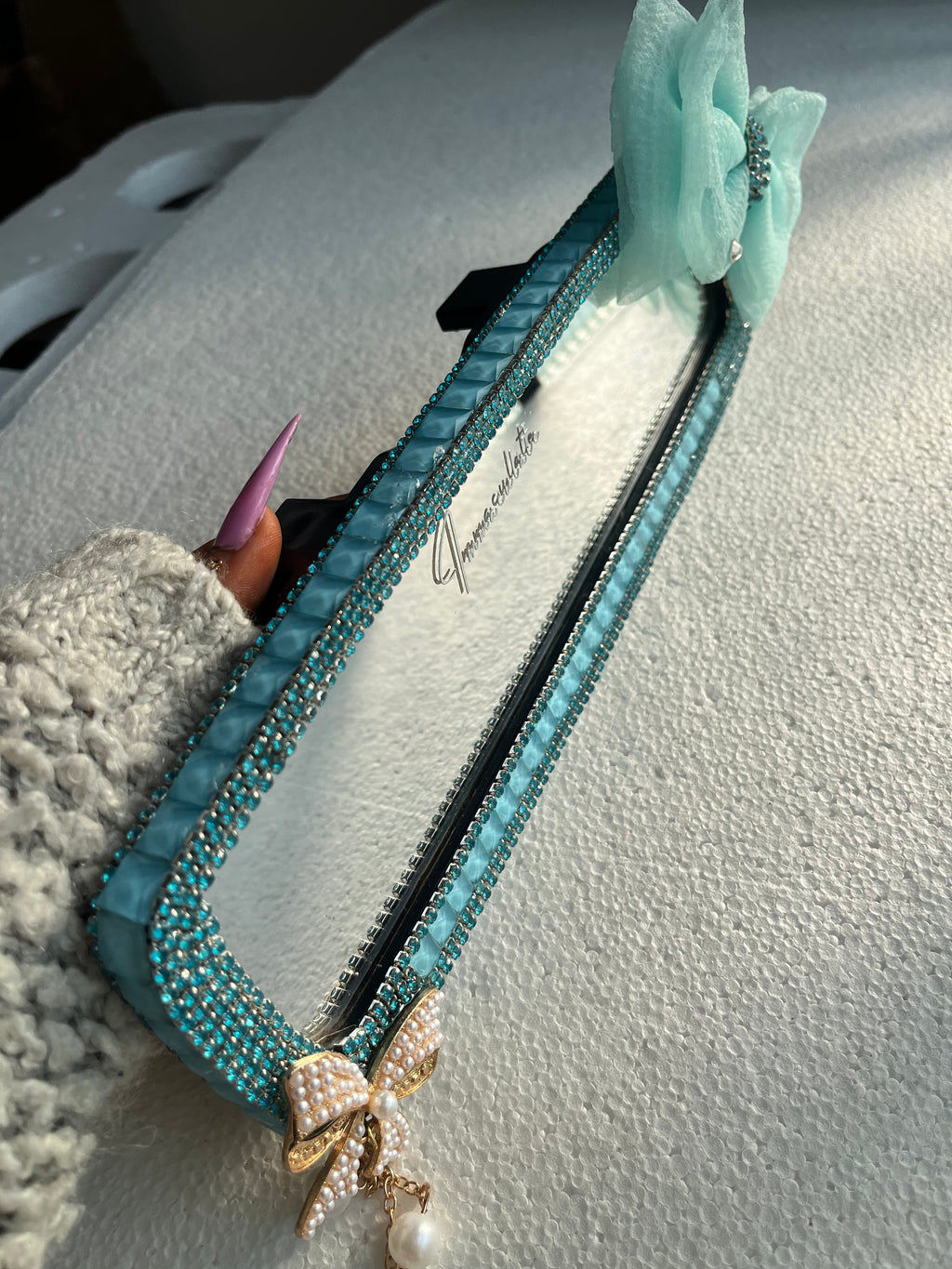 Tiffany blue Diamond encrusted rear view mirror cover