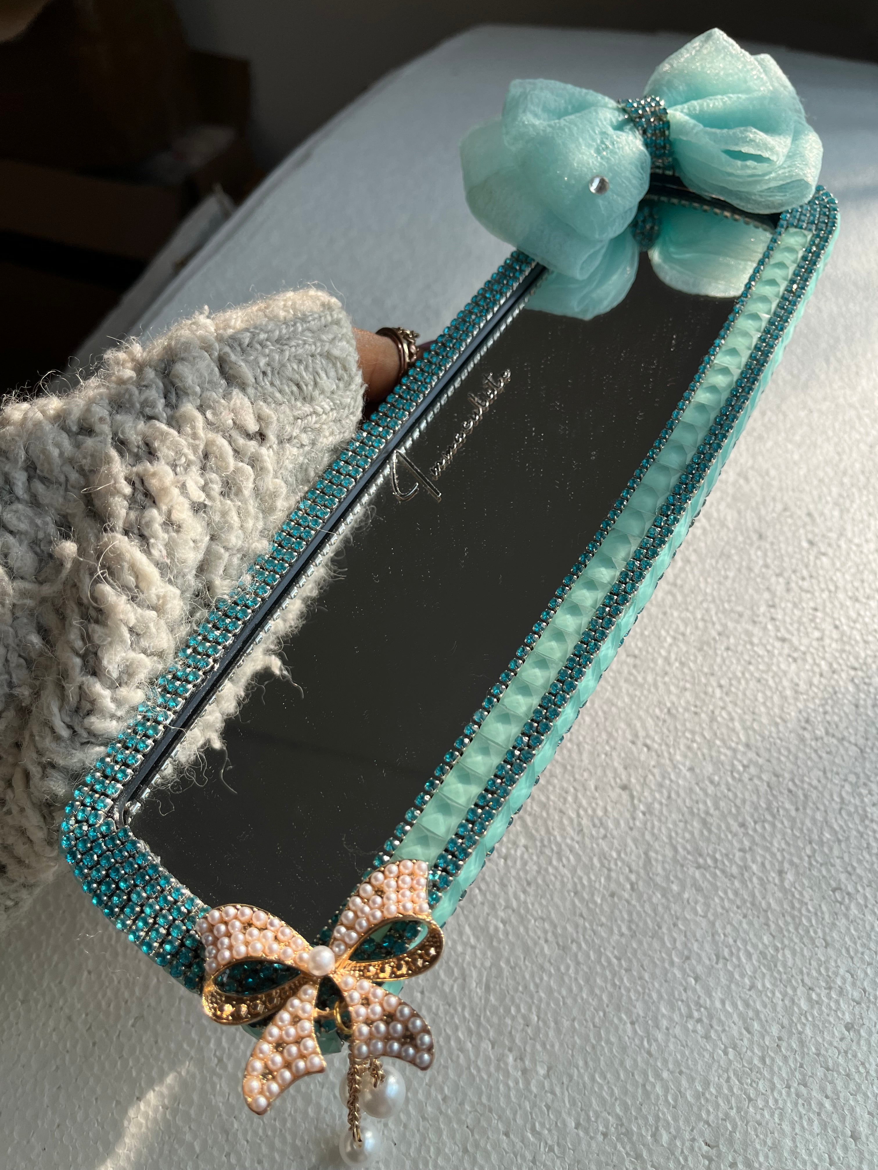 Turquoise Teal Diamond encrusted rear view mirror cover