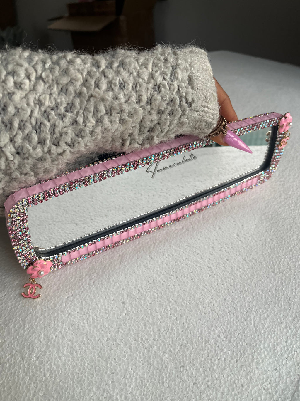 Cc (double)pink diamond encrusted car rear view mirror cover decor