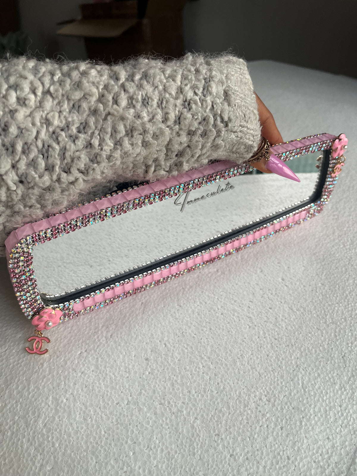 Cc (double)pink diamond encrusted car rear view mirror cover decor