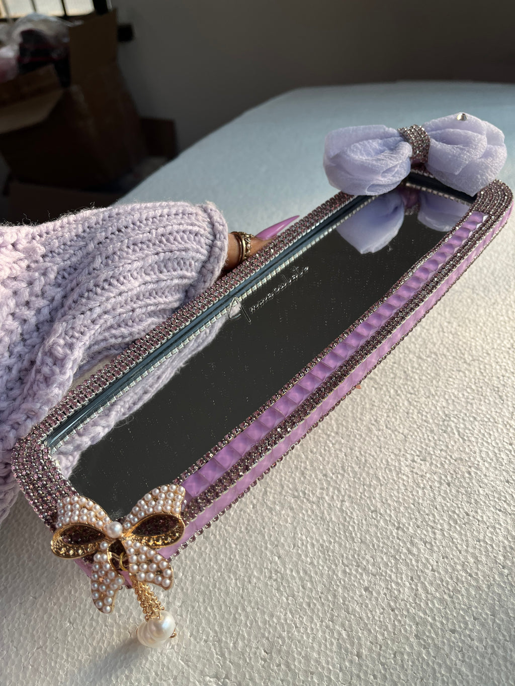 Lavender diamond encrusted rear view mirror cover