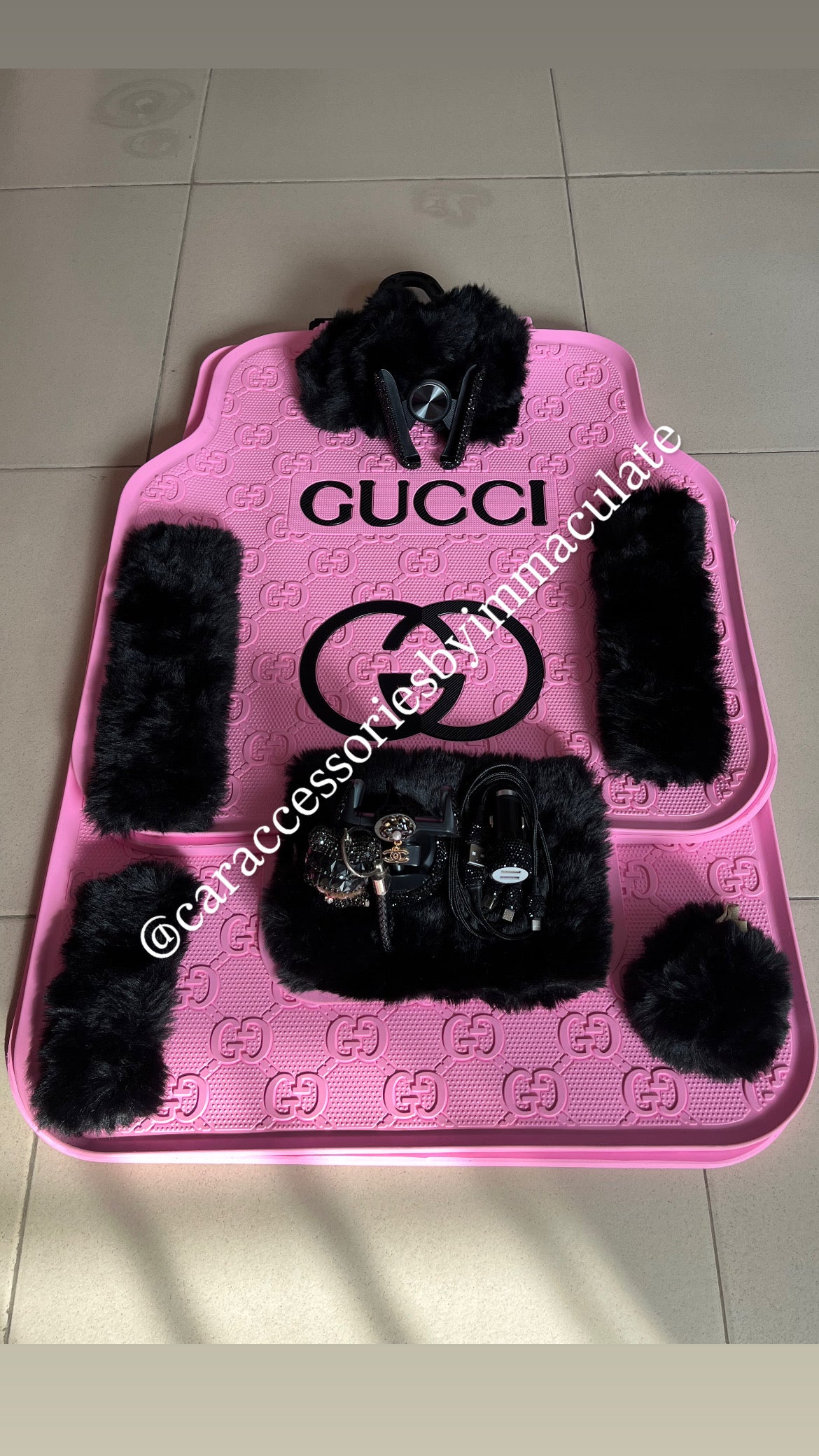 GG FUR (Pink Barbie & Black) car mats(5pcs) X bedazzle car accessories bundle