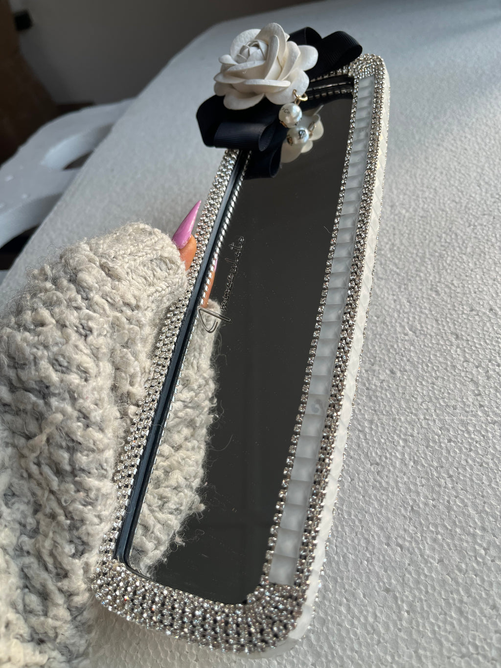 Rose (Snow White) diamond encrusted car rear view mirror cover