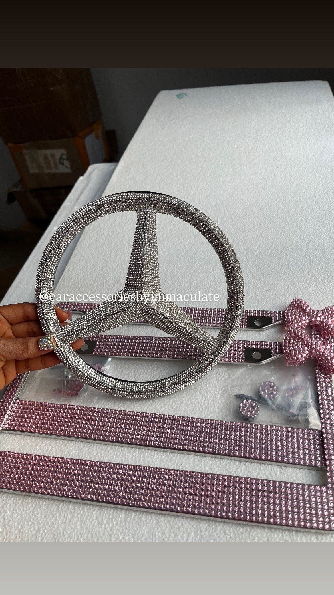 Mercedes Benz bling front logo plus 2pcs bow license plate frames bundle
