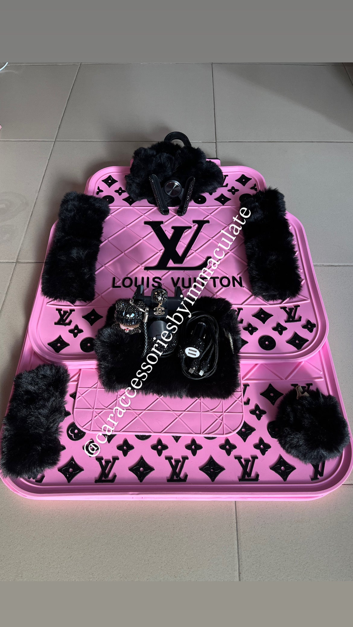 LV FUR (Pink Barbie & Black) car mats(5pcs) X bedazzle car accessories bundle