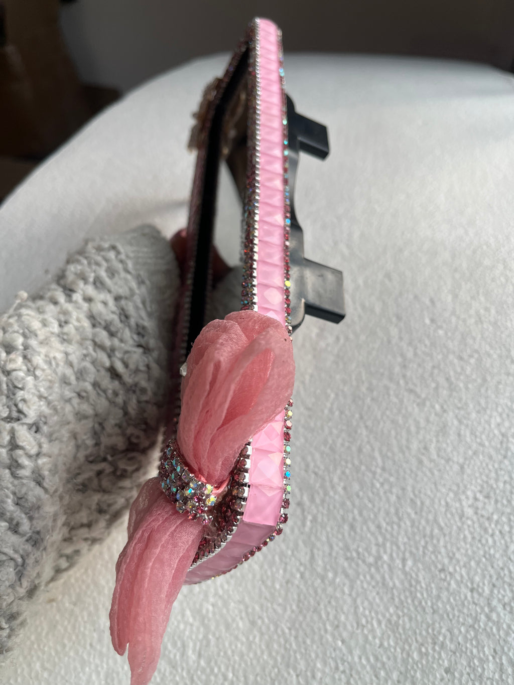 Peach Ribbon (pink) diamond encrusted car rear view mirror cover decor