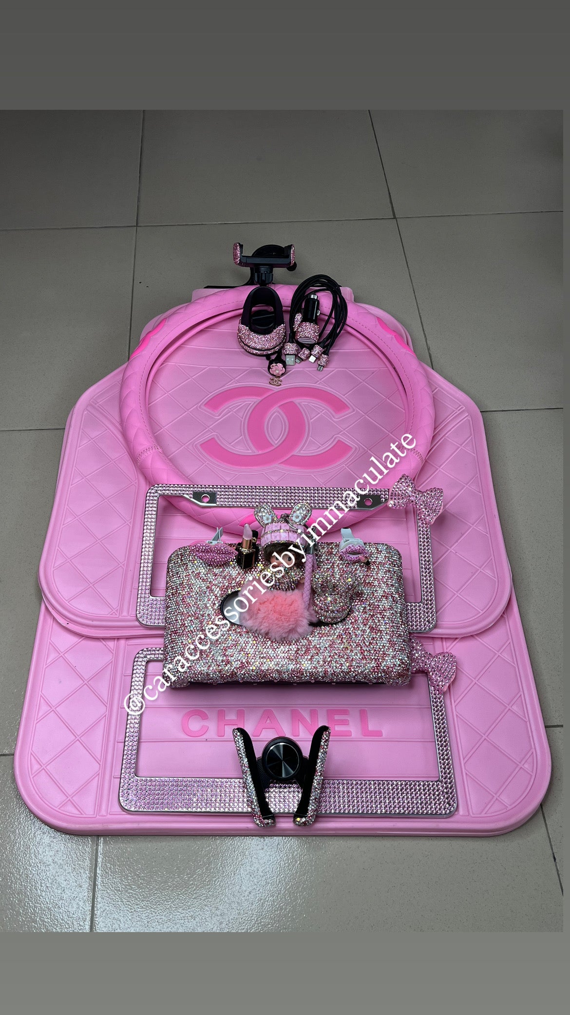 Cc (Pink Barbie) car mats(5pcs)plus steering X bedazzle car accessories bundle