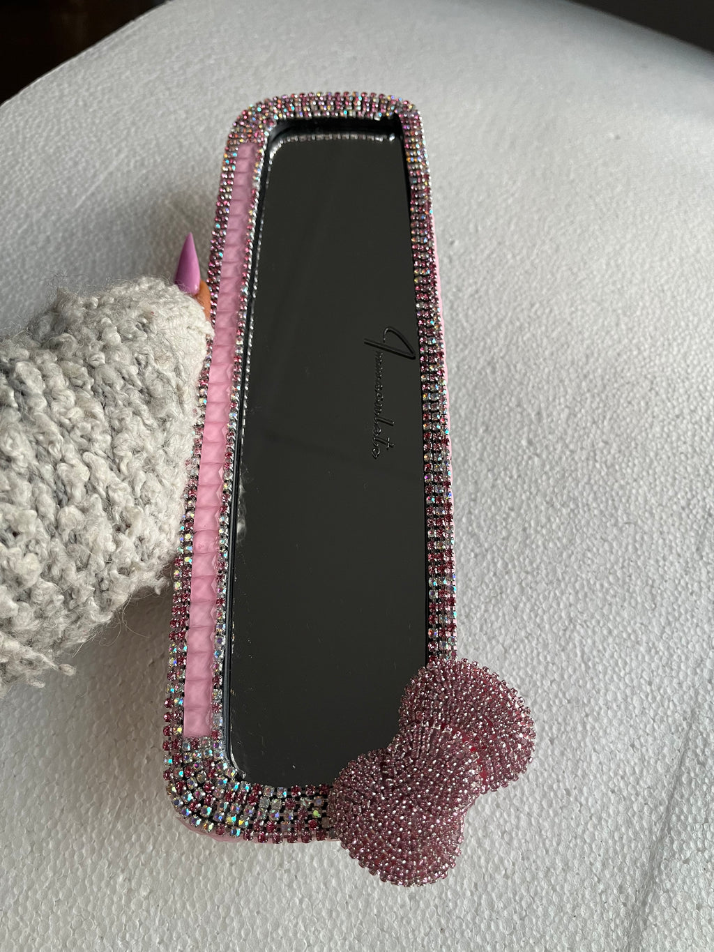 Bow (single) Pink Diamond encrusted car rear view mirror cover decor