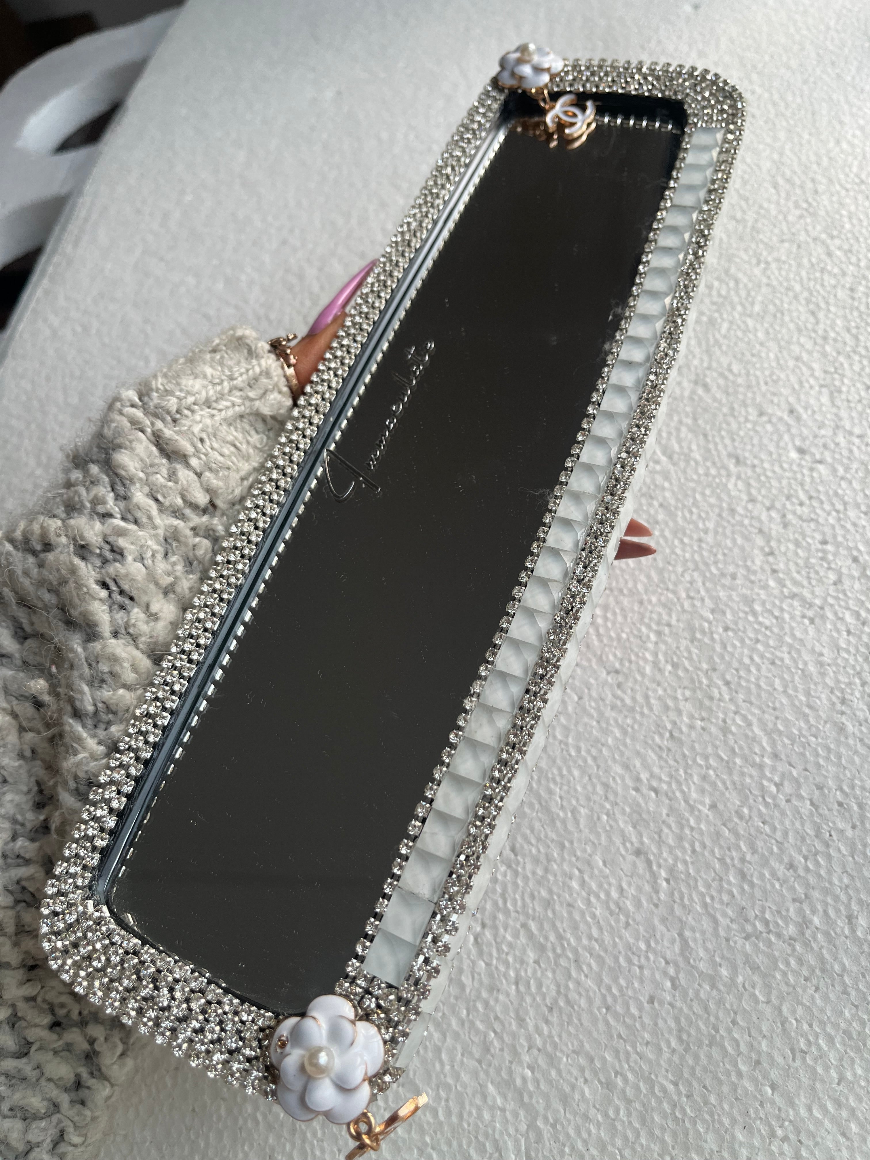 Cc (double)snow white diamond encrusted car rear view mirror cover decor