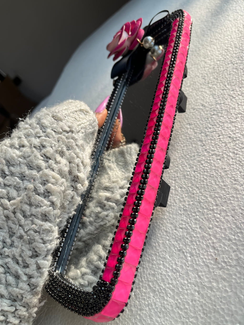 Rose Pink & Black diamond encrusted car rear view mirror cover