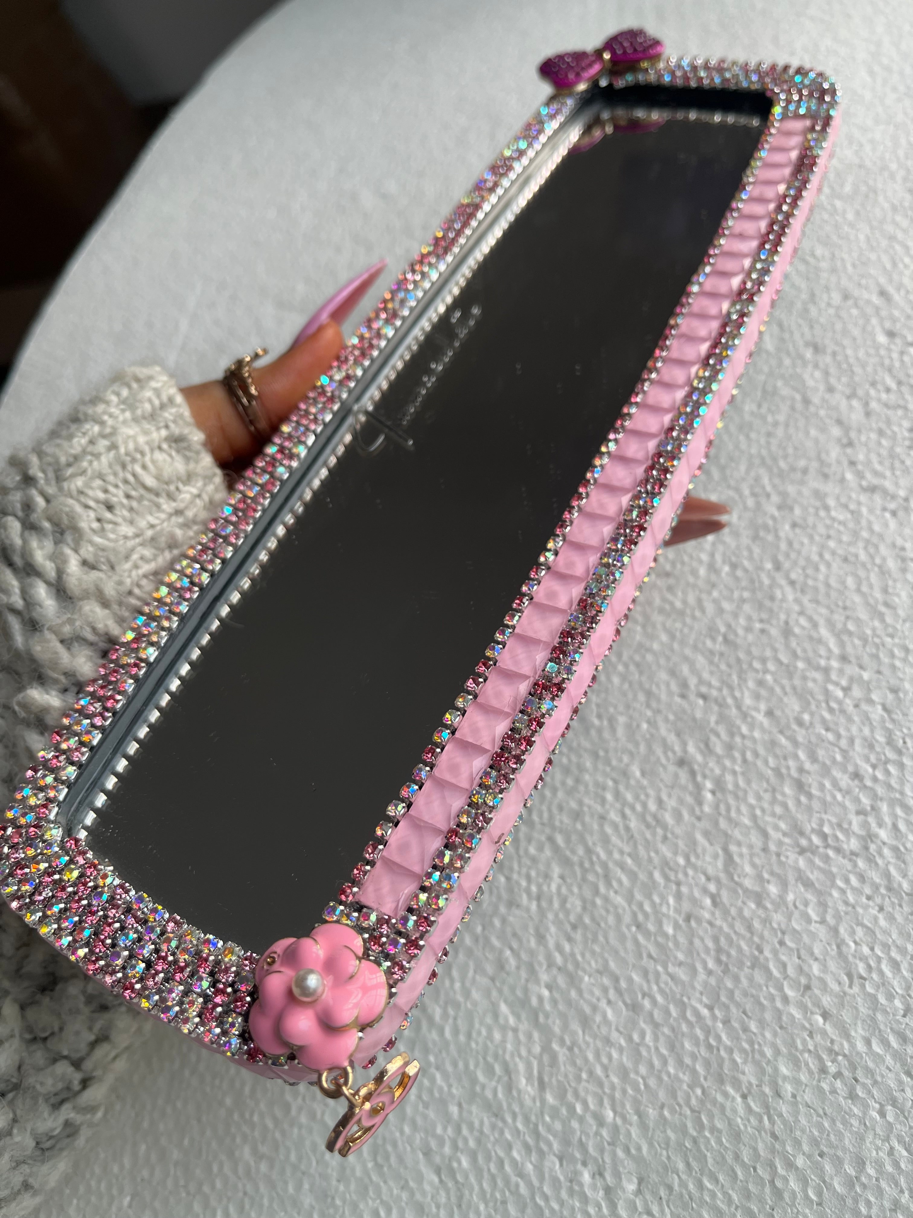CC (tiny sweet bow) Pink Diamond encrusted car rear view mirror cover