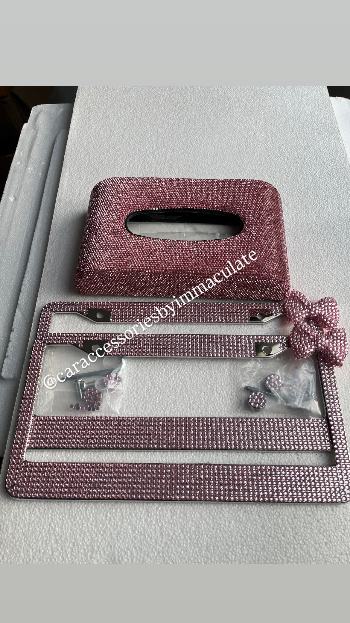 Diamond (pink) tissue box plus 2pc Bow license plates frames bundle