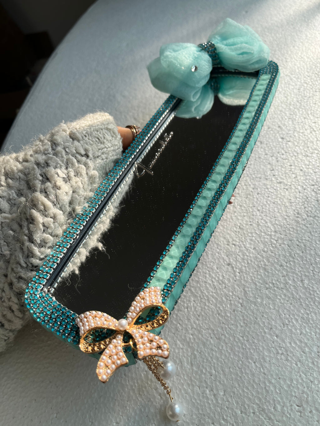 Turquoise Teal Diamond encrusted rear view mirror cover