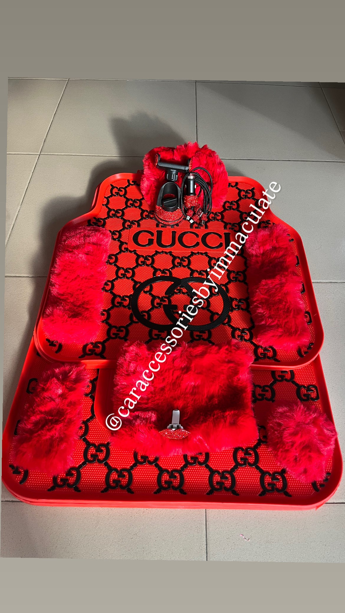 GG FUR (Red & Black) car mats(5pcs) X bedazzle car accessories bundle