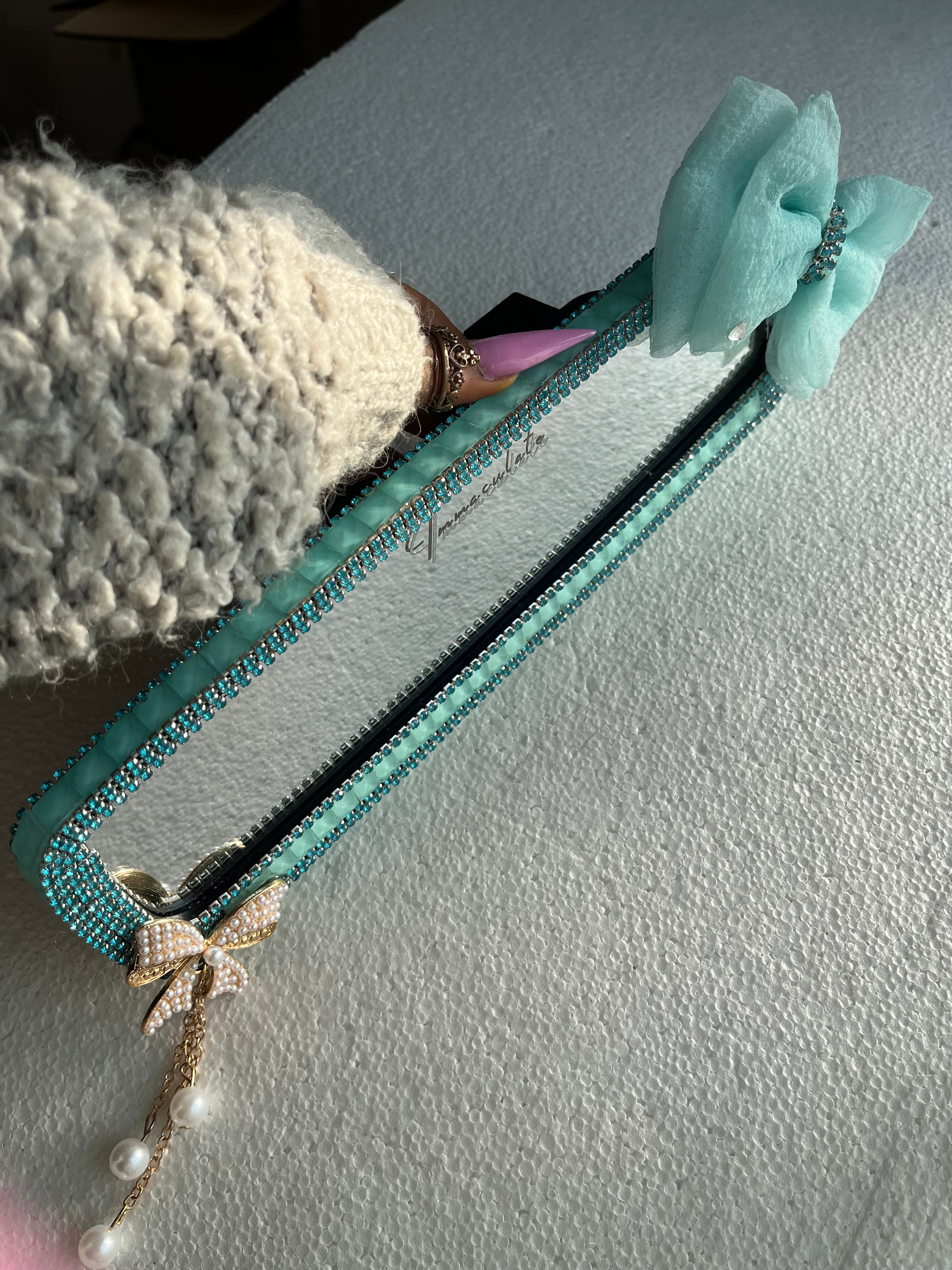 Turquoise Teal Diamond encrusted rear view mirror cover
