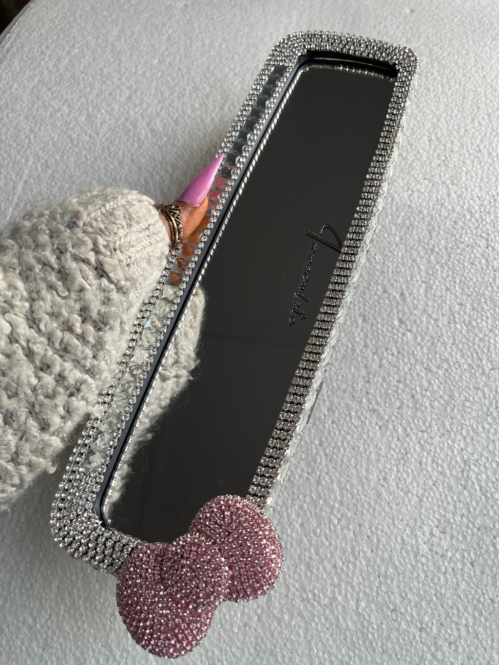 Crystal (clear & single pink bow) Diamond encrusted car rear view mirror cover decor