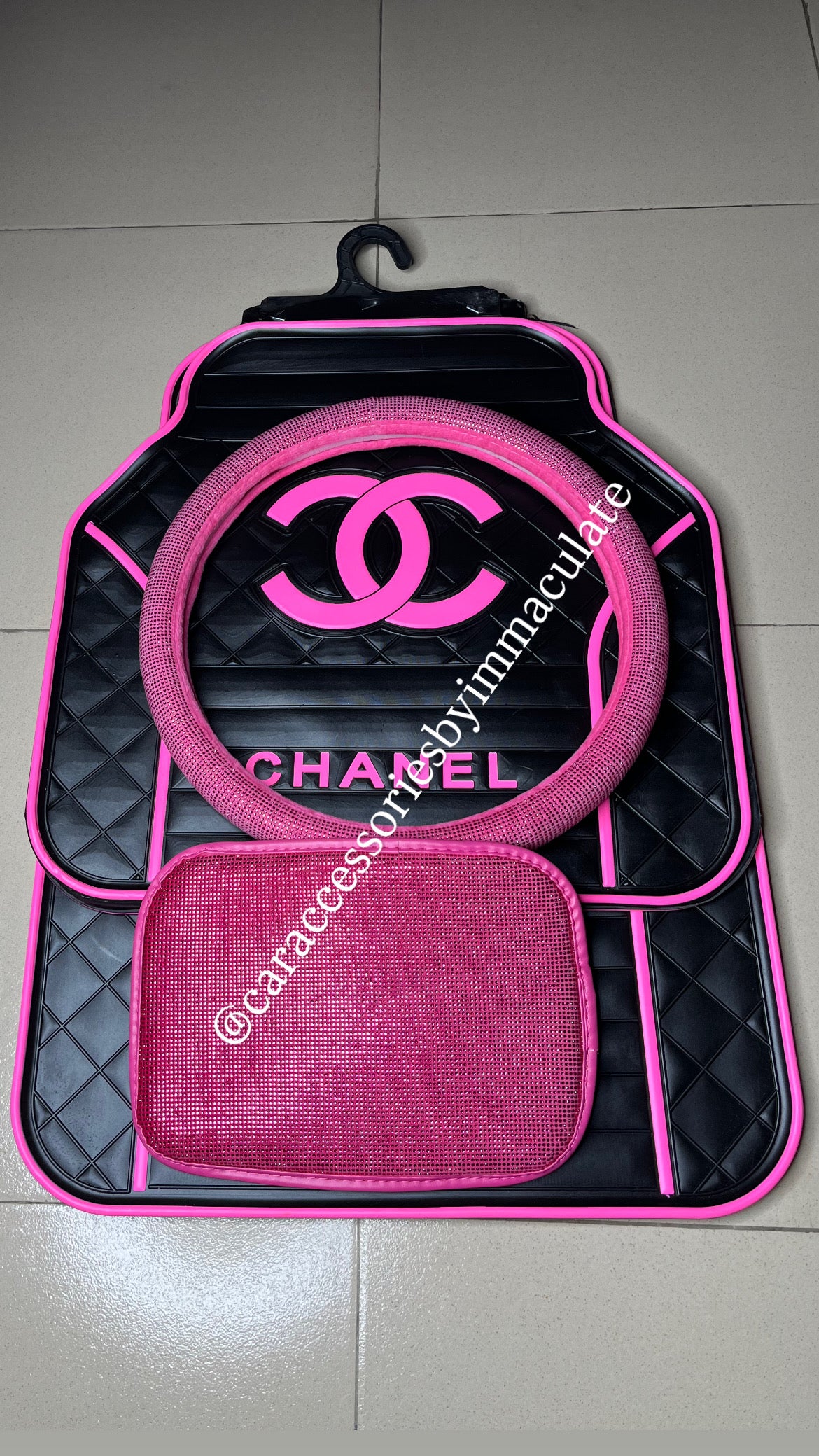 CC(Black & pink) X bedazzled pink steering cover X bedazzled arm rest cover bundle