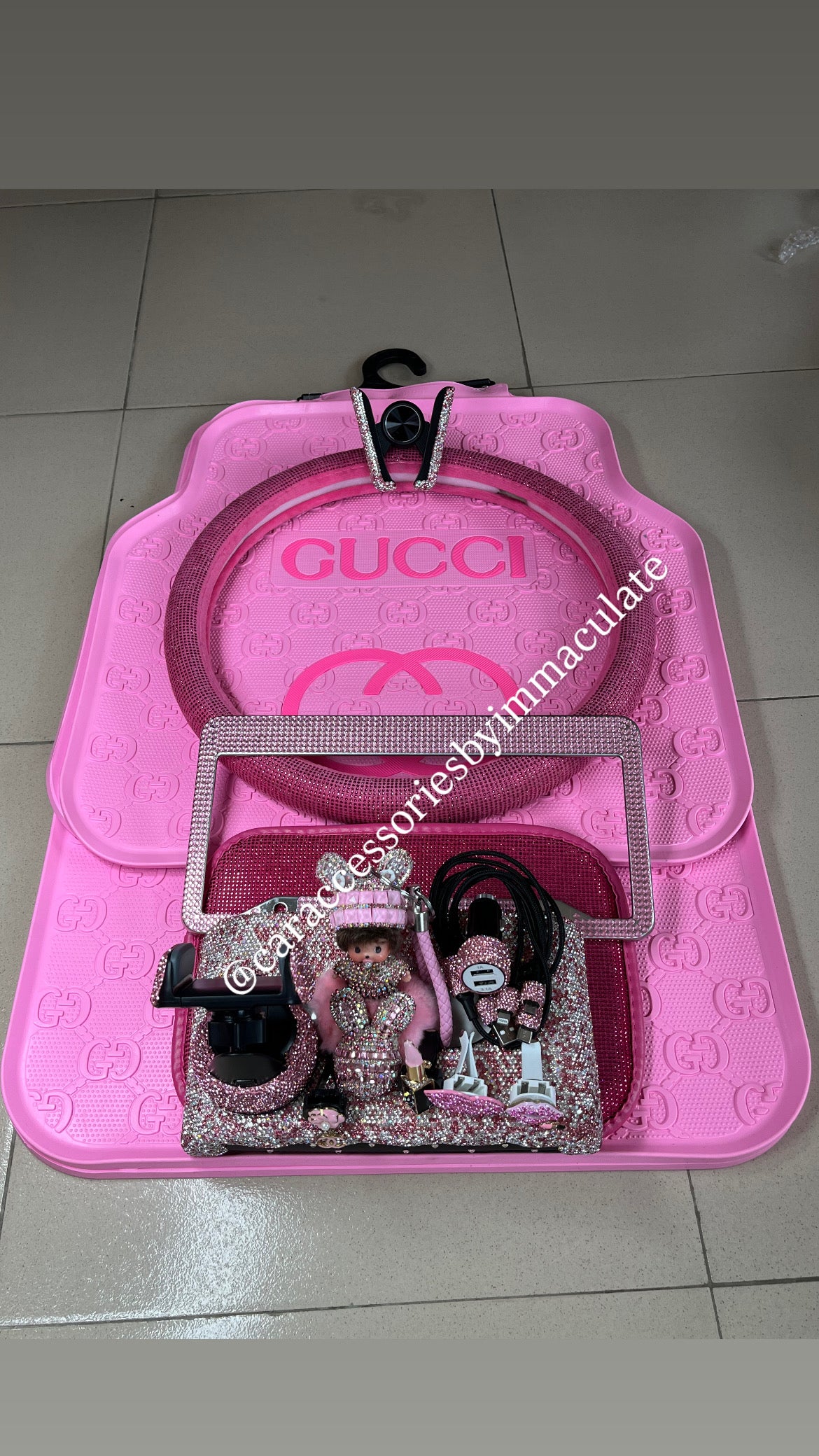 GG (Pink Barbie) car mats(5pcs)plus Rhinestone steering cover X bedazzle car accessories bundle