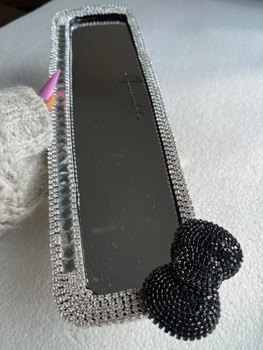 Bow (single) black and crystal clear silver diamond encrusted rear view mirror cover