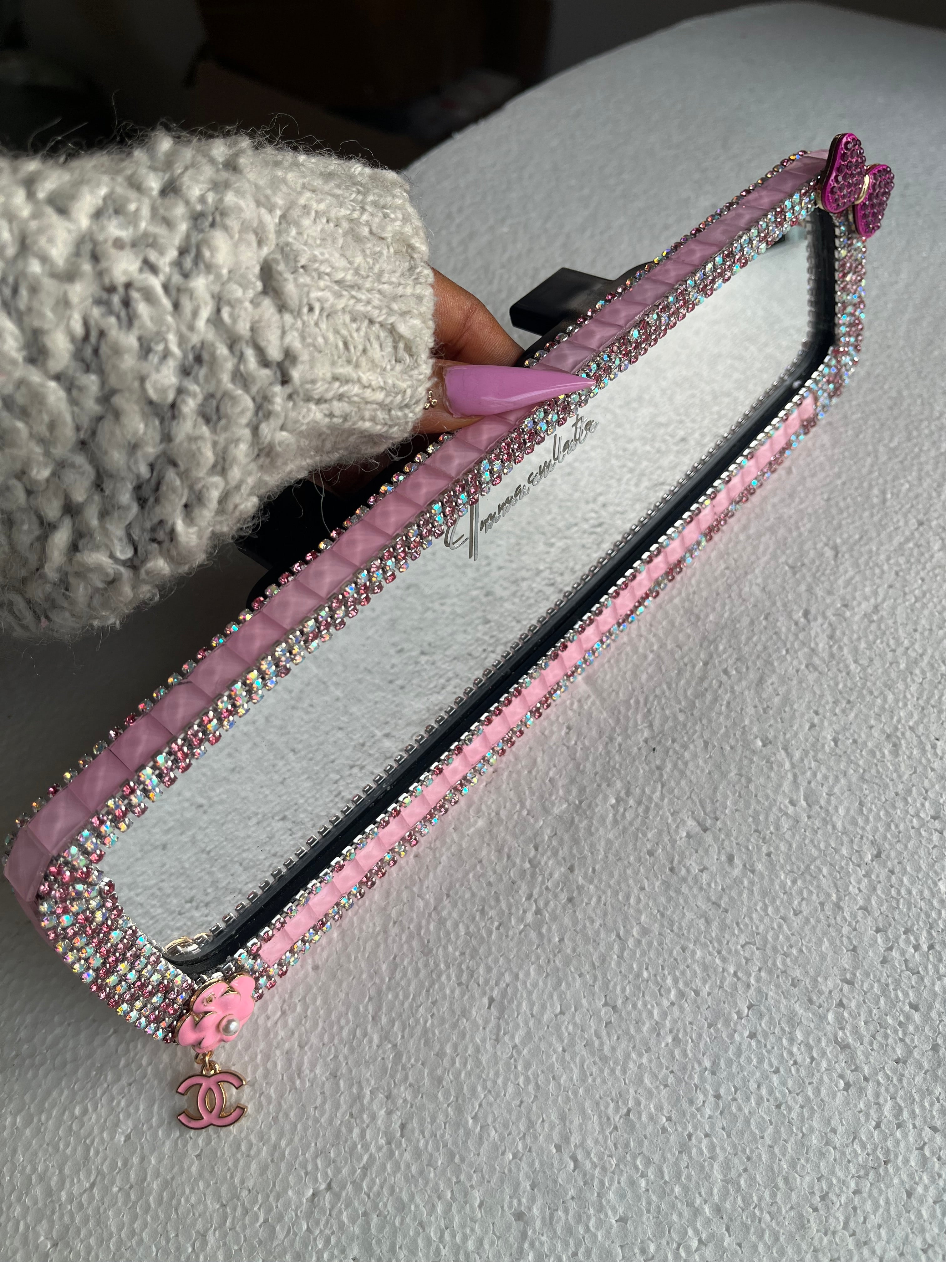 CC (tiny sweet bow) Pink Diamond encrusted car rear view mirror cover