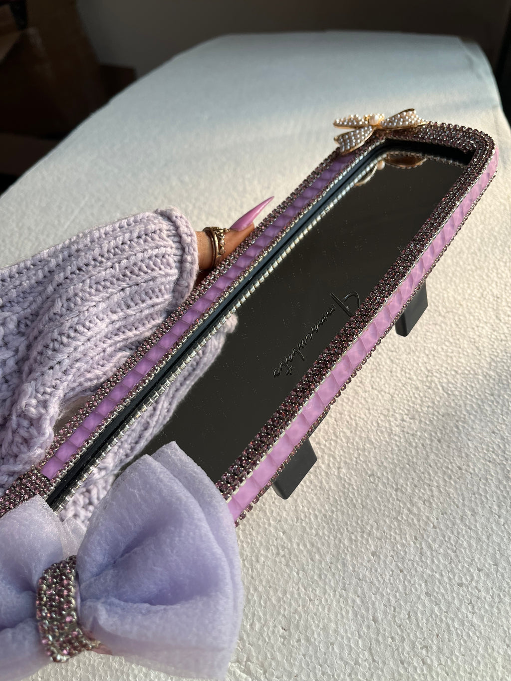 Lavender diamond encrusted rear view mirror cover