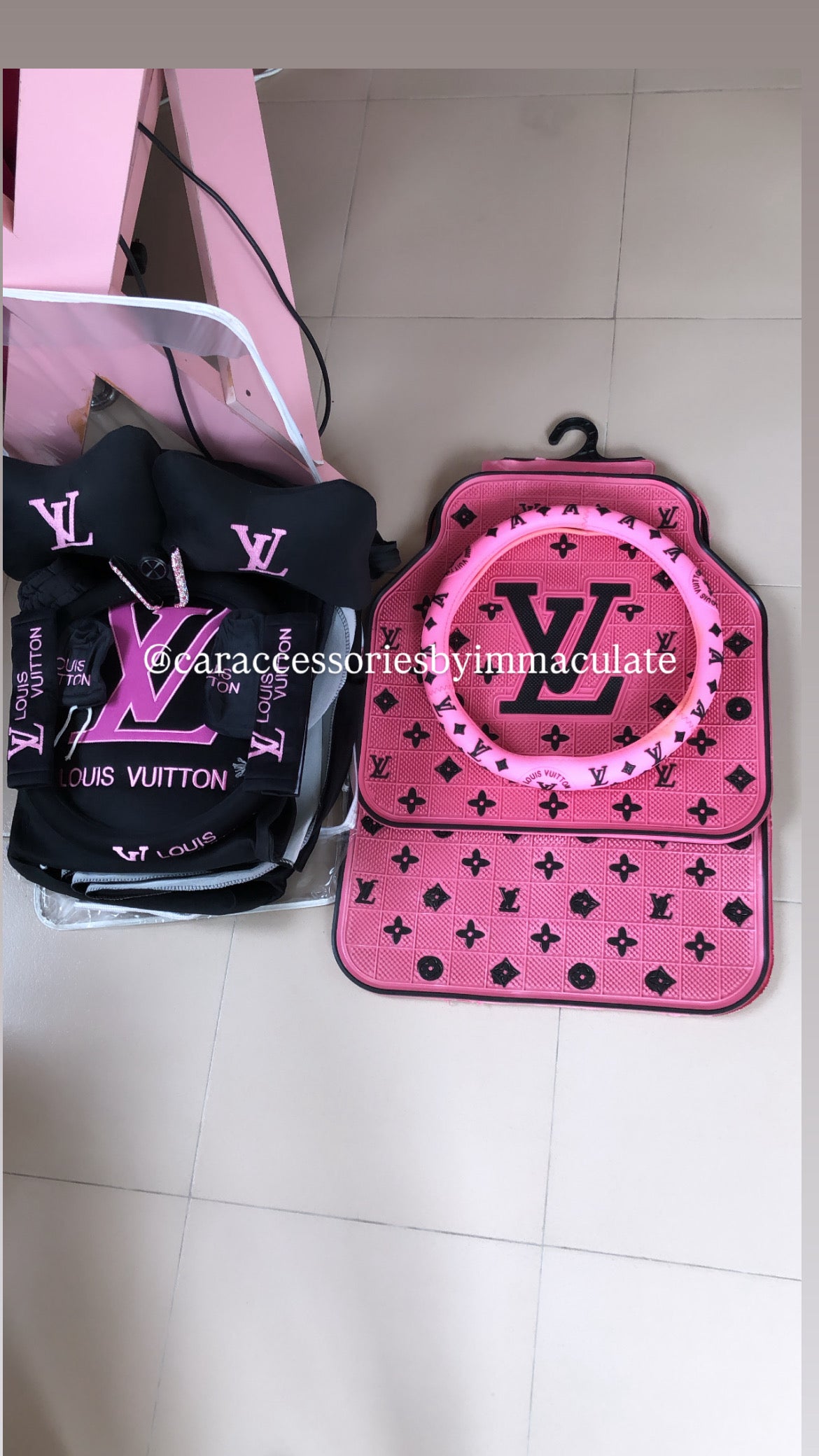 LV ( Car seat cover plus car mat and steering set plus bling phone holder) bundle