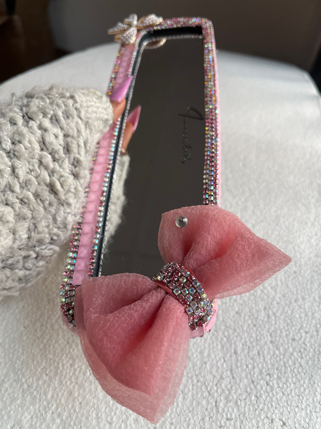 Peach Ribbon (pink) diamond encrusted car rear view mirror cover decor