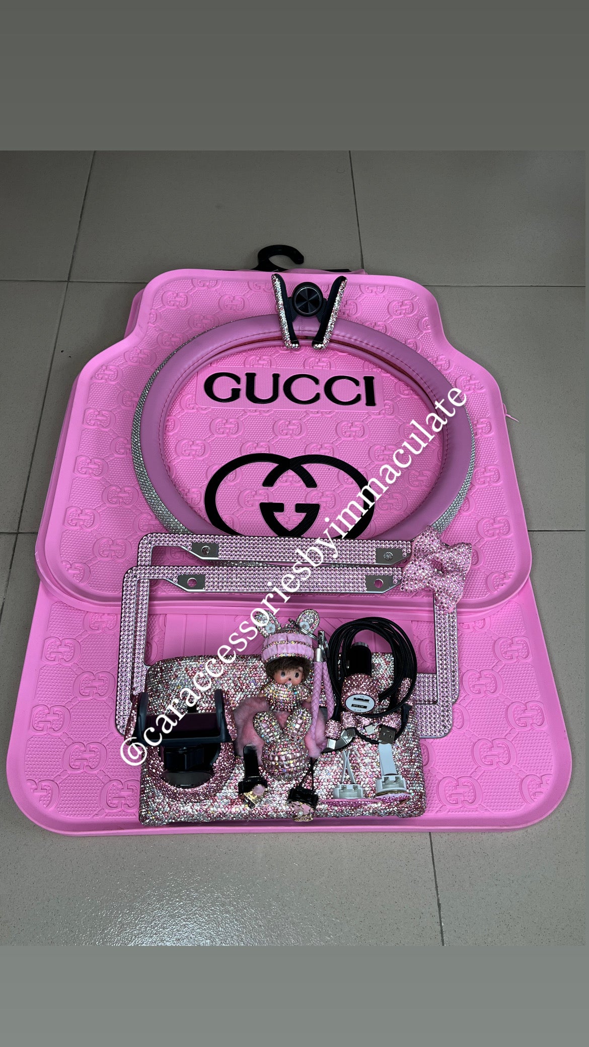 GG (Pink Barbie and Black) car mats(5pcs)plus Rhinestone steering cover X bedazzle car accessories bundle