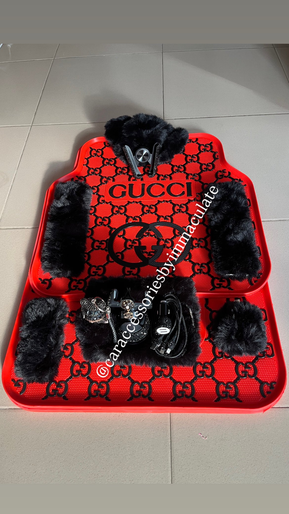 GG FUR (Red & Black) car mats(5pcs) X bedazzle car accessories bundle
