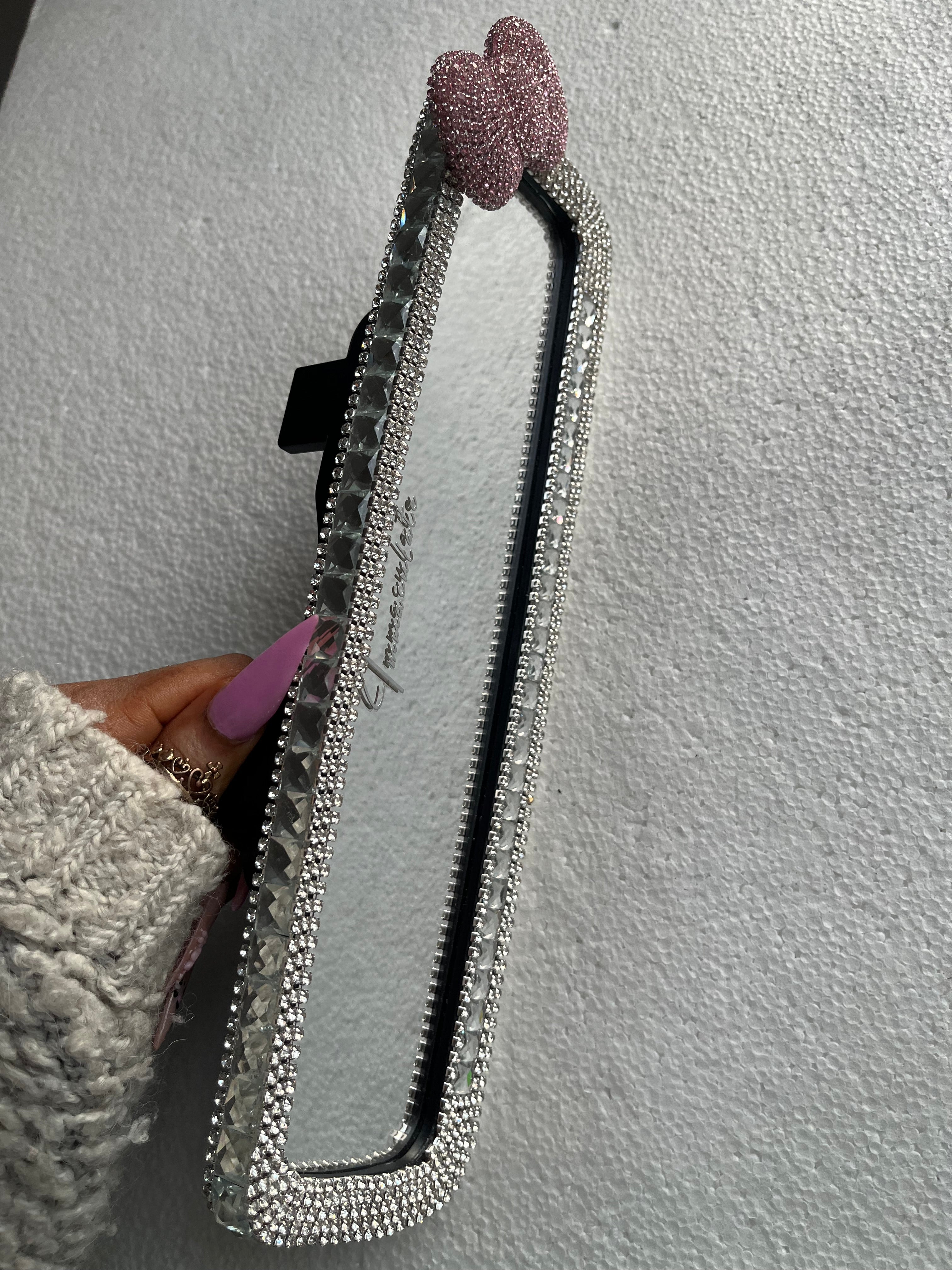 Crystal (clear & single pink bow) Diamond encrusted car rear view mirror cover decor
