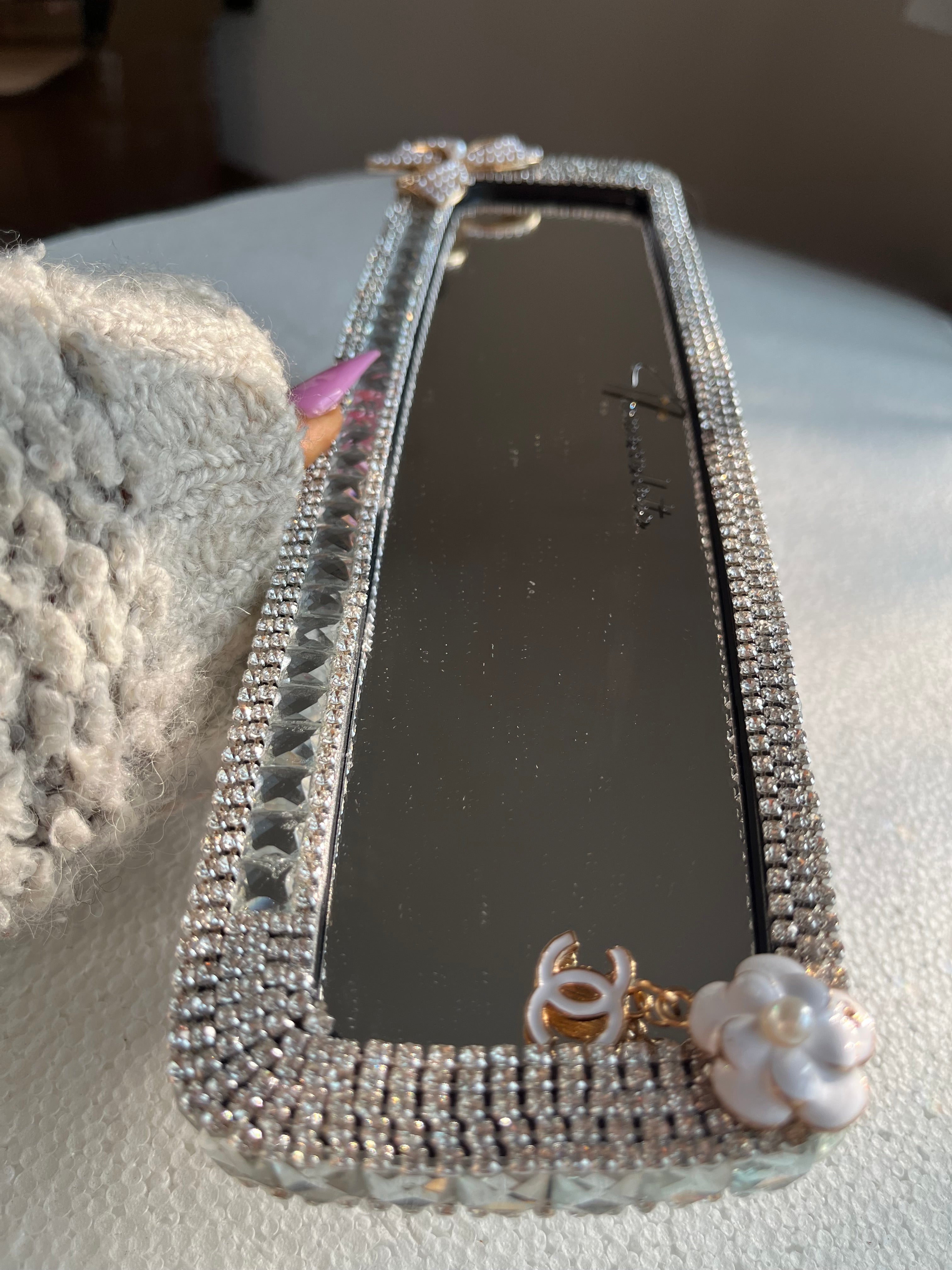 Cc (single) crystal silver diamond encrusted rear view mirror cover