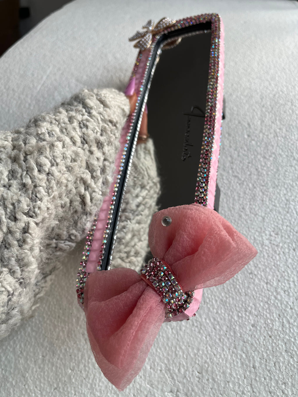 Peach Ribbon (pink) diamond encrusted car rear view mirror cover decor
