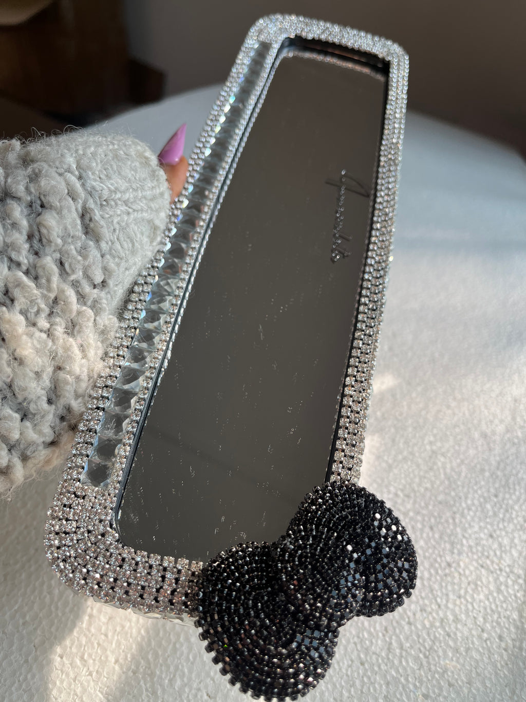 Bow (single) black and crystal clear silver diamond encrusted rear view mirror cover