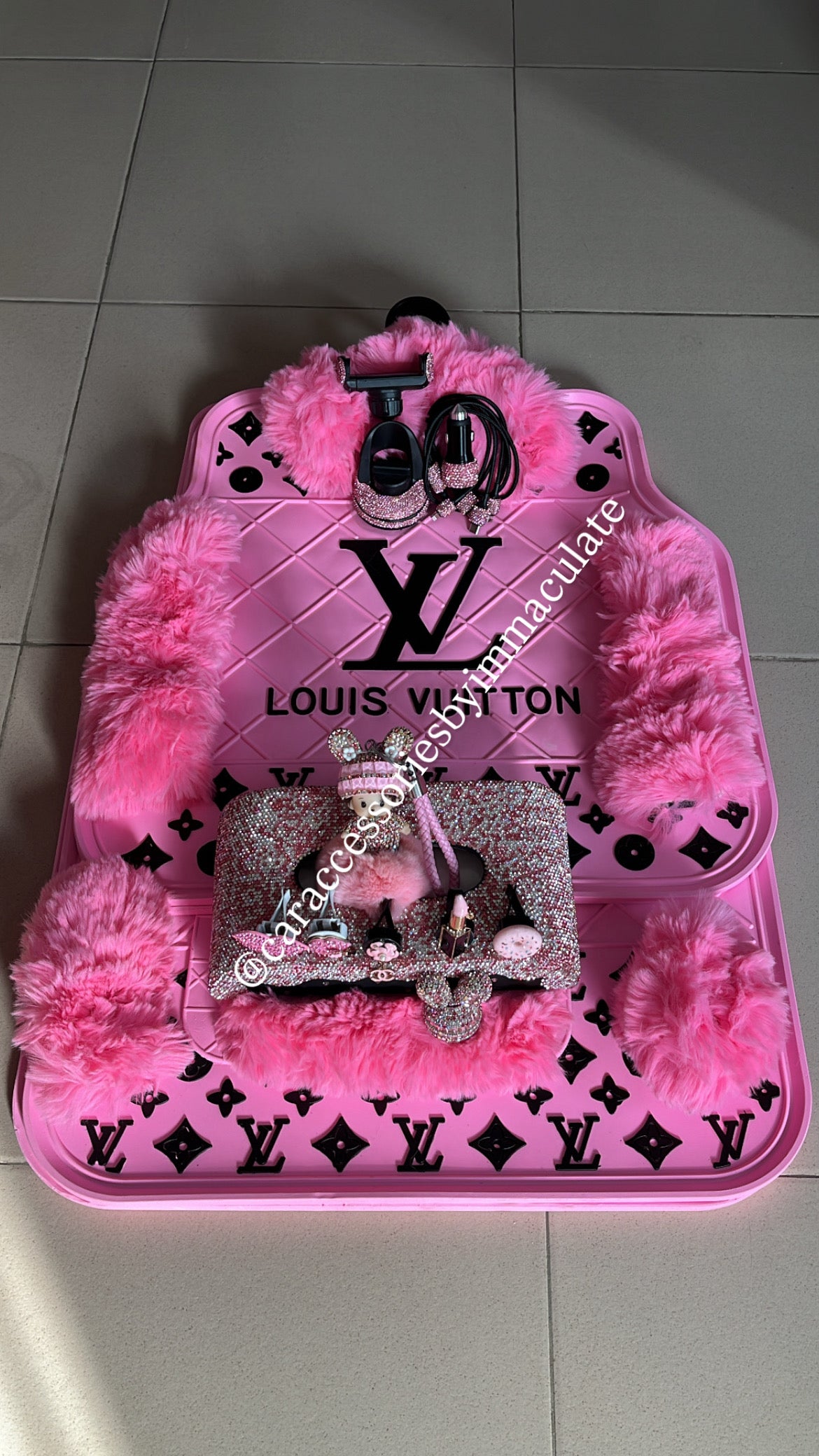 LV FUR (Pink Barbie and Black ) car mats(5pcs) X bedazzle car accessories bundle