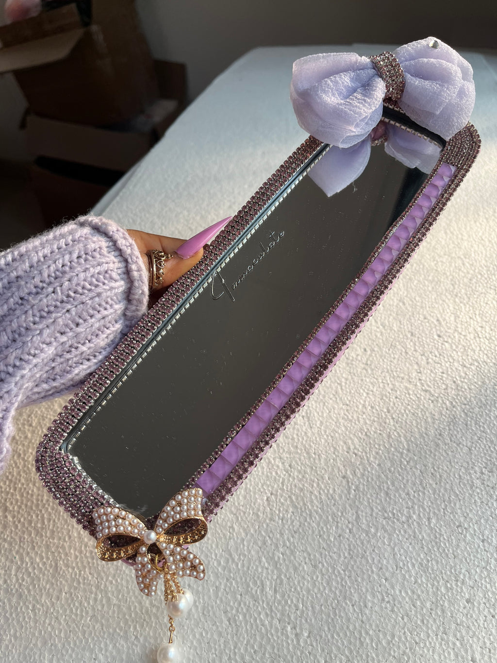 Lavender diamond encrusted rear view mirror cover