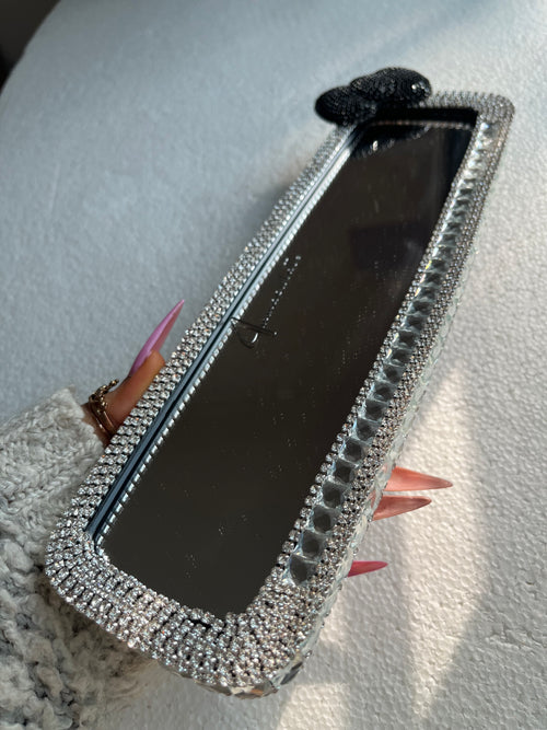 Bow (single) black and crystal clear silver diamond encrusted rear view mirror cover