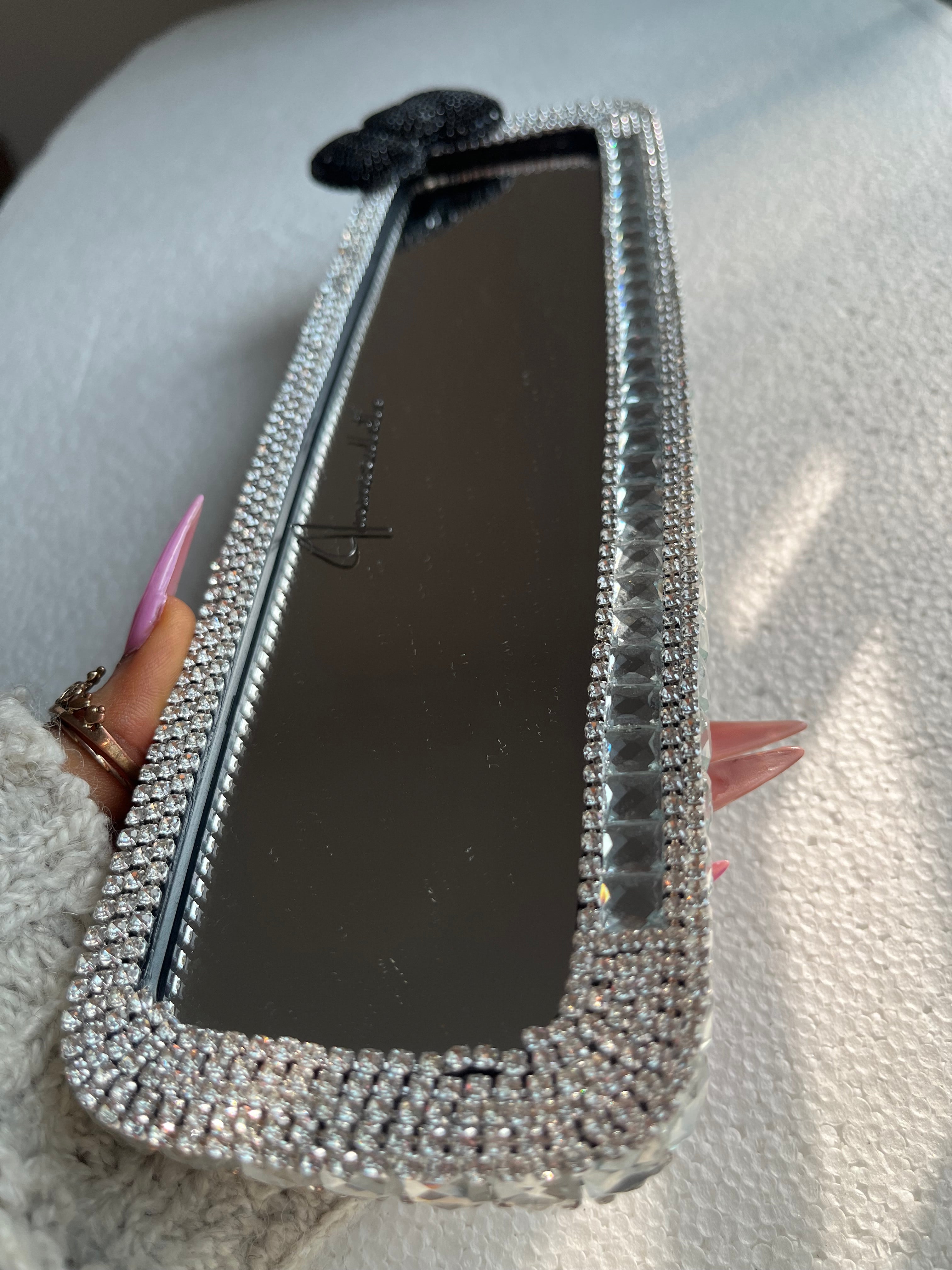 Bow (single) black and crystal clear silver diamond encrusted rear view mirror cover